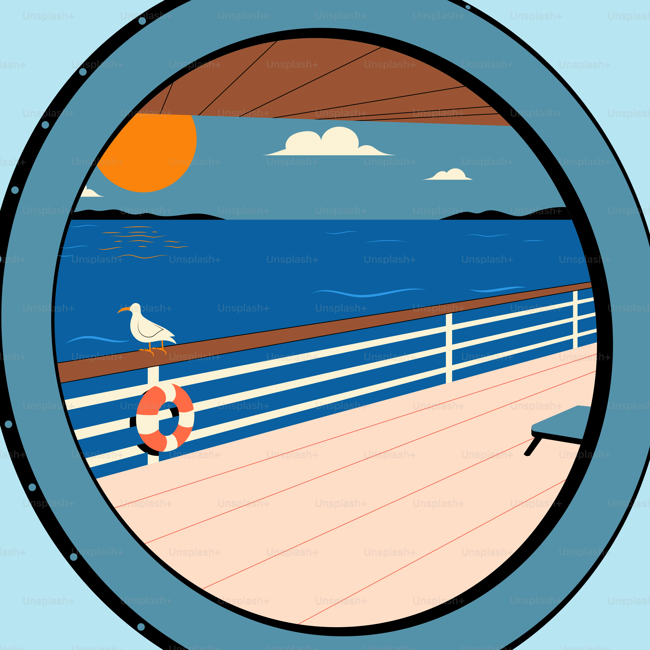A ship's porthole showing the sea and a seagull.
