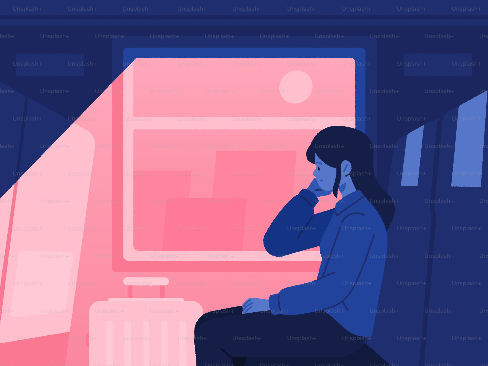 Woman sits on a train, looking outside.