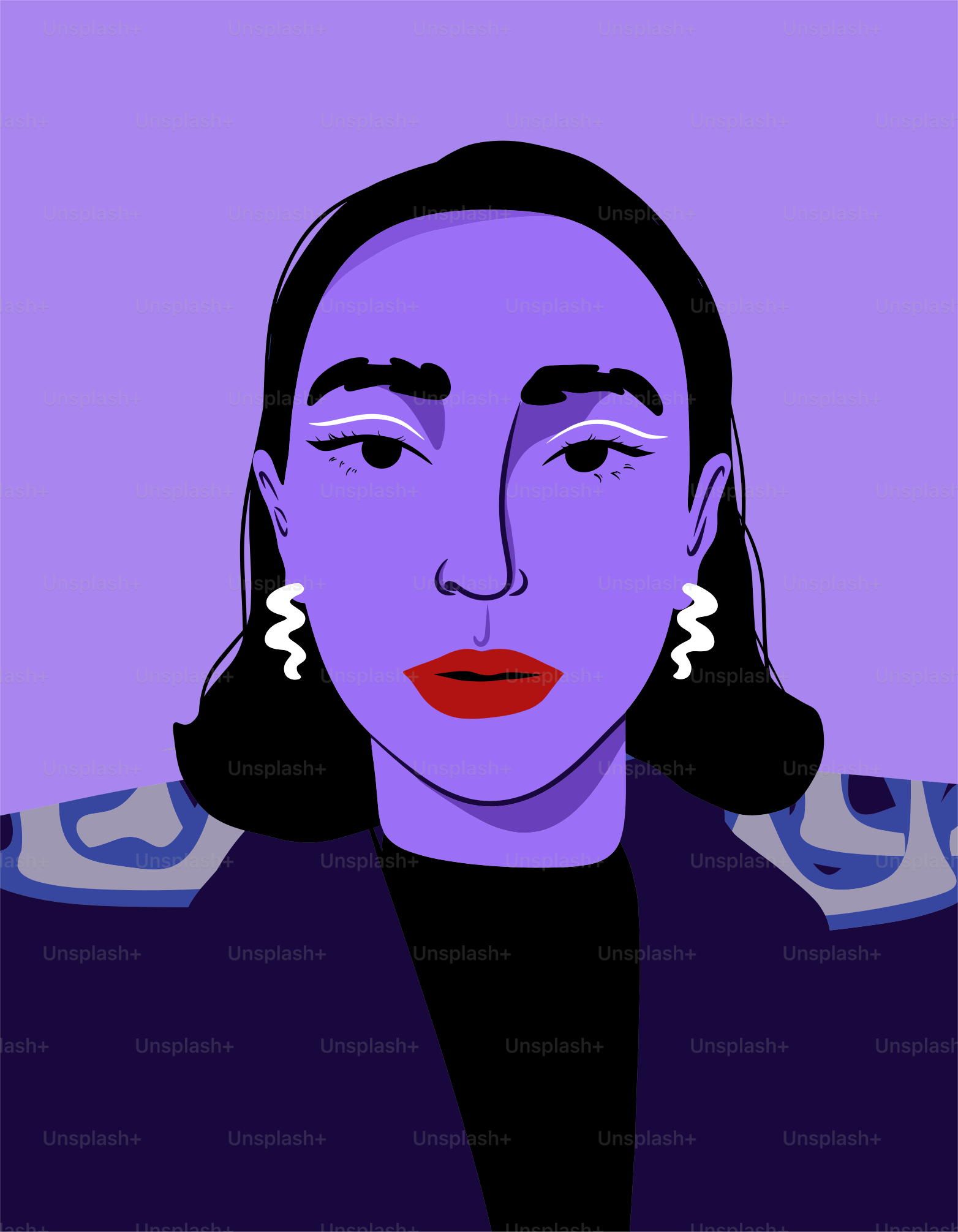 A purple portrait of a woman with bold makeup.