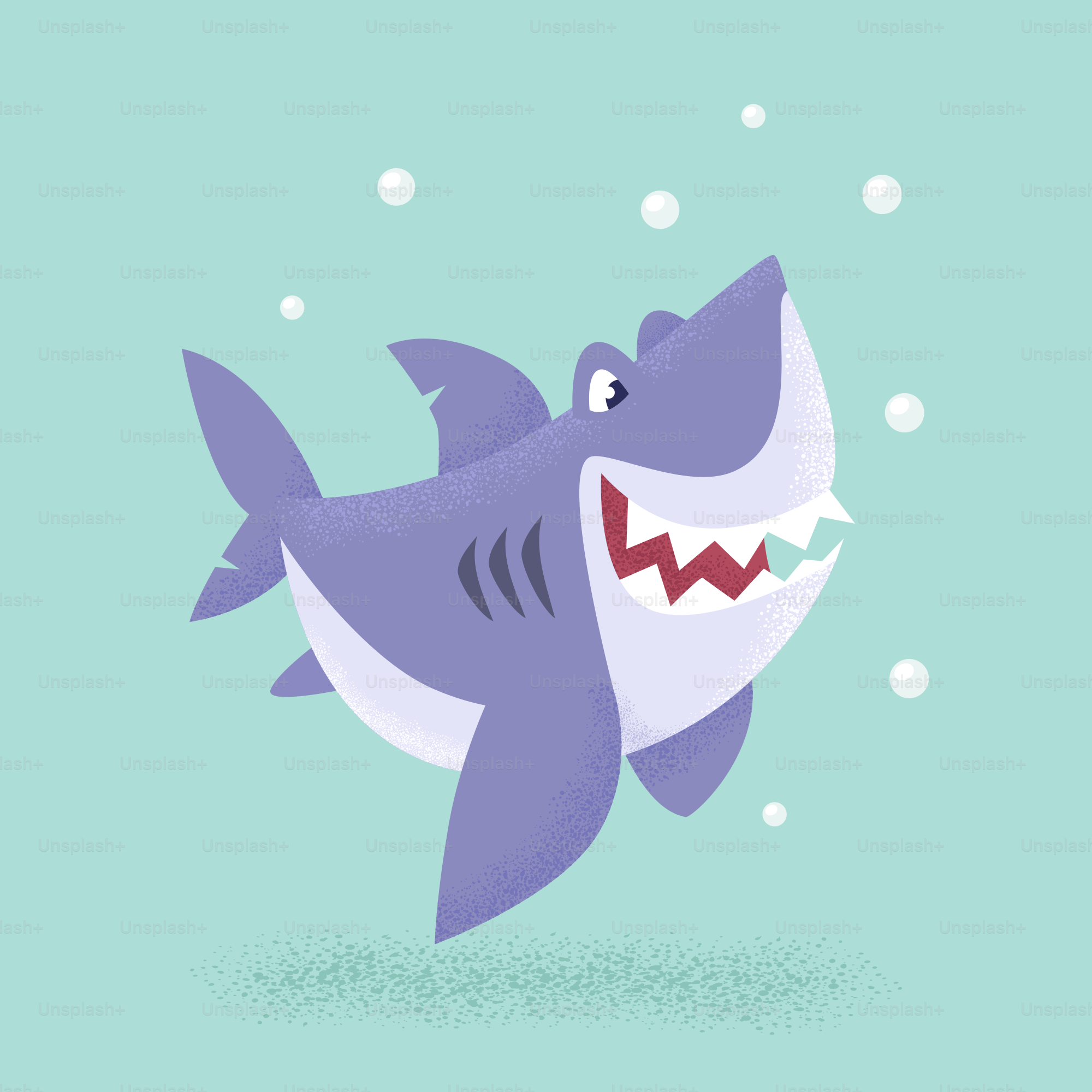 A smiling cartoon shark swims happily in the ocean.