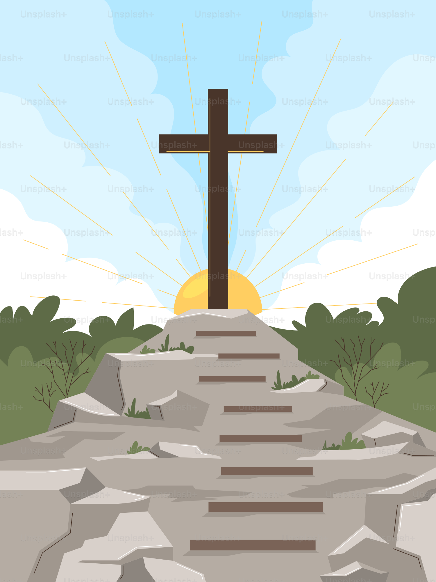 Ein Kreuz steht auf einem Hügel mit der aufgehenden Sonne.