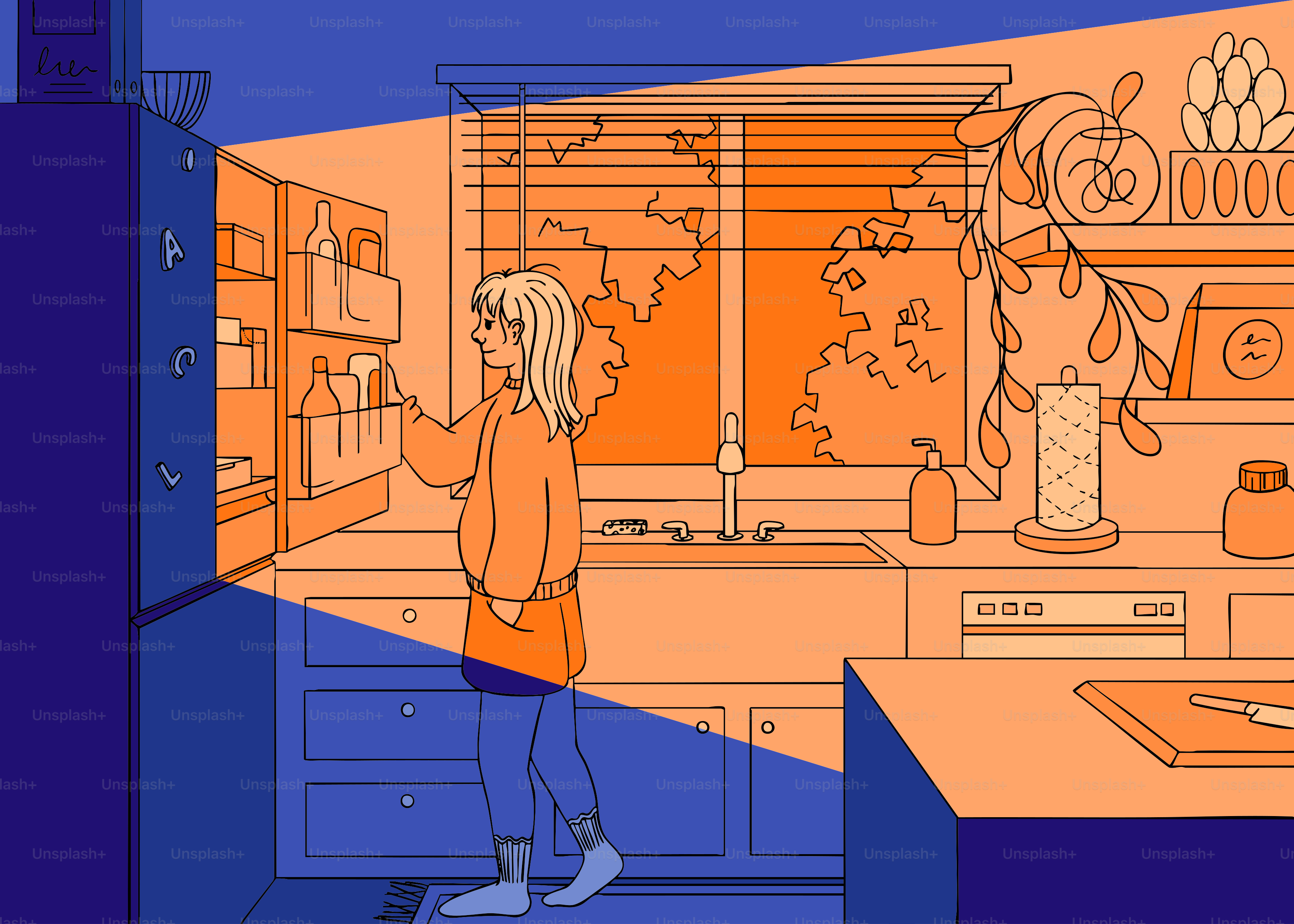 Eine Frau öffnet den Kühlschrank in einer hell erleuchteten Küche.