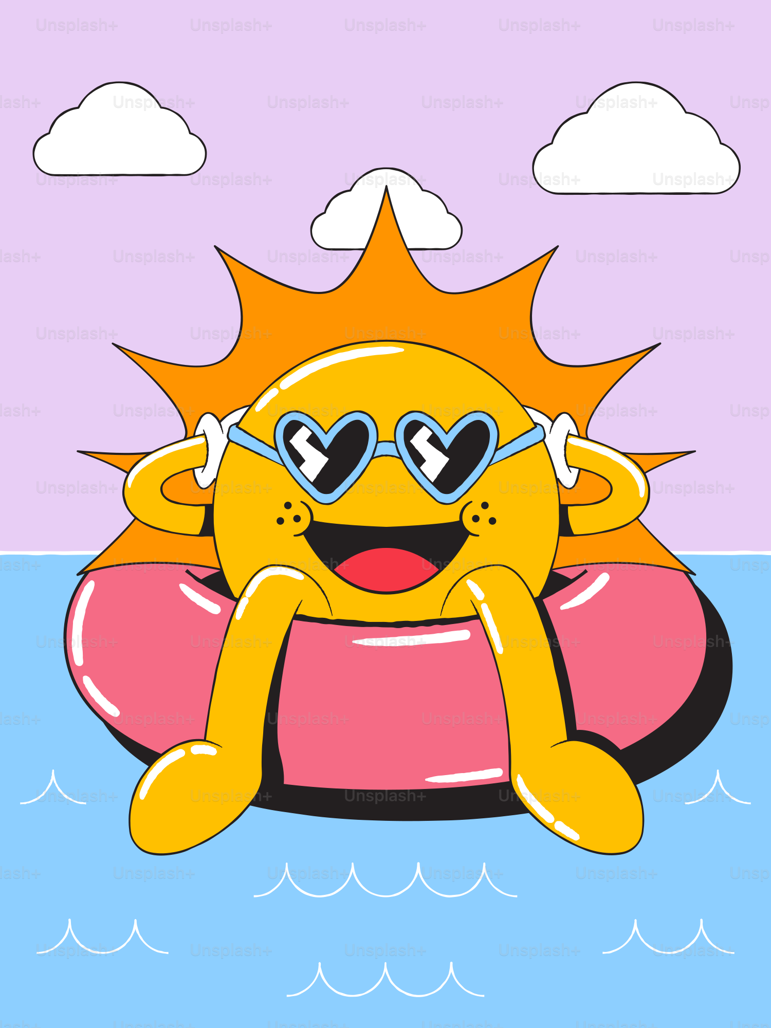 O sol relaxa na água com uma câmara de ar.