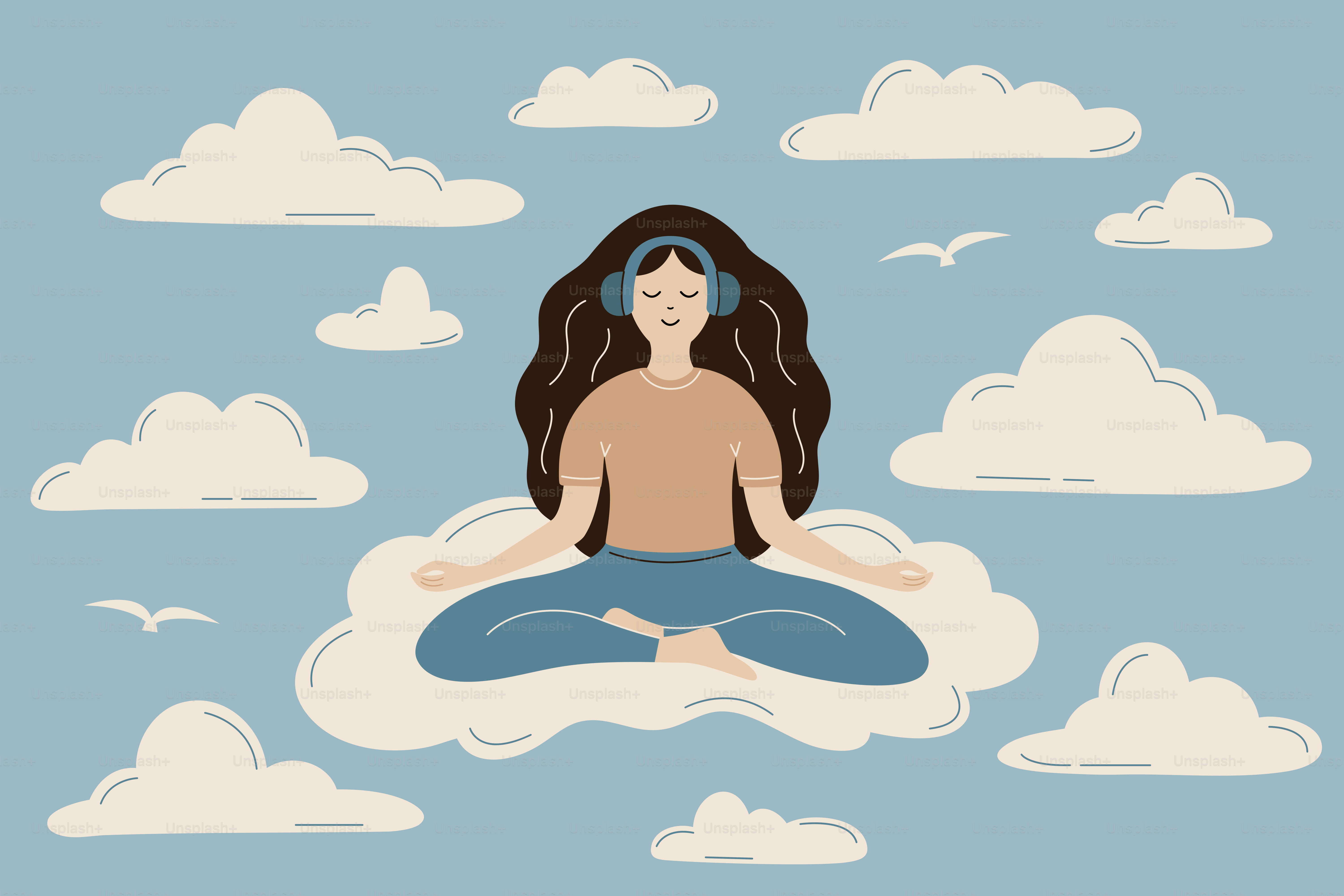 A woman meditates among clouds, wearing headphones.