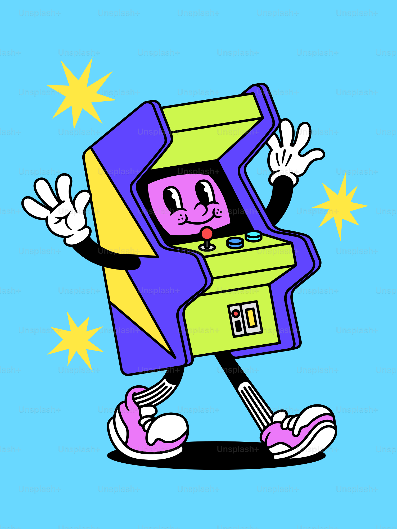 A cartoon arcade game is happily walking.