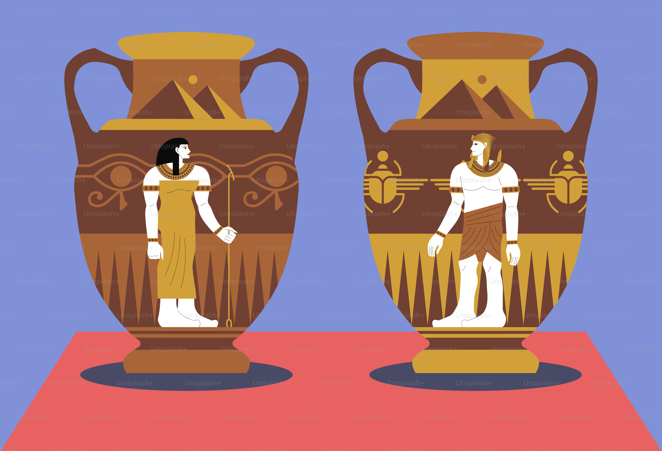 Vases égyptiens avec hiéroglyphes et personnes.