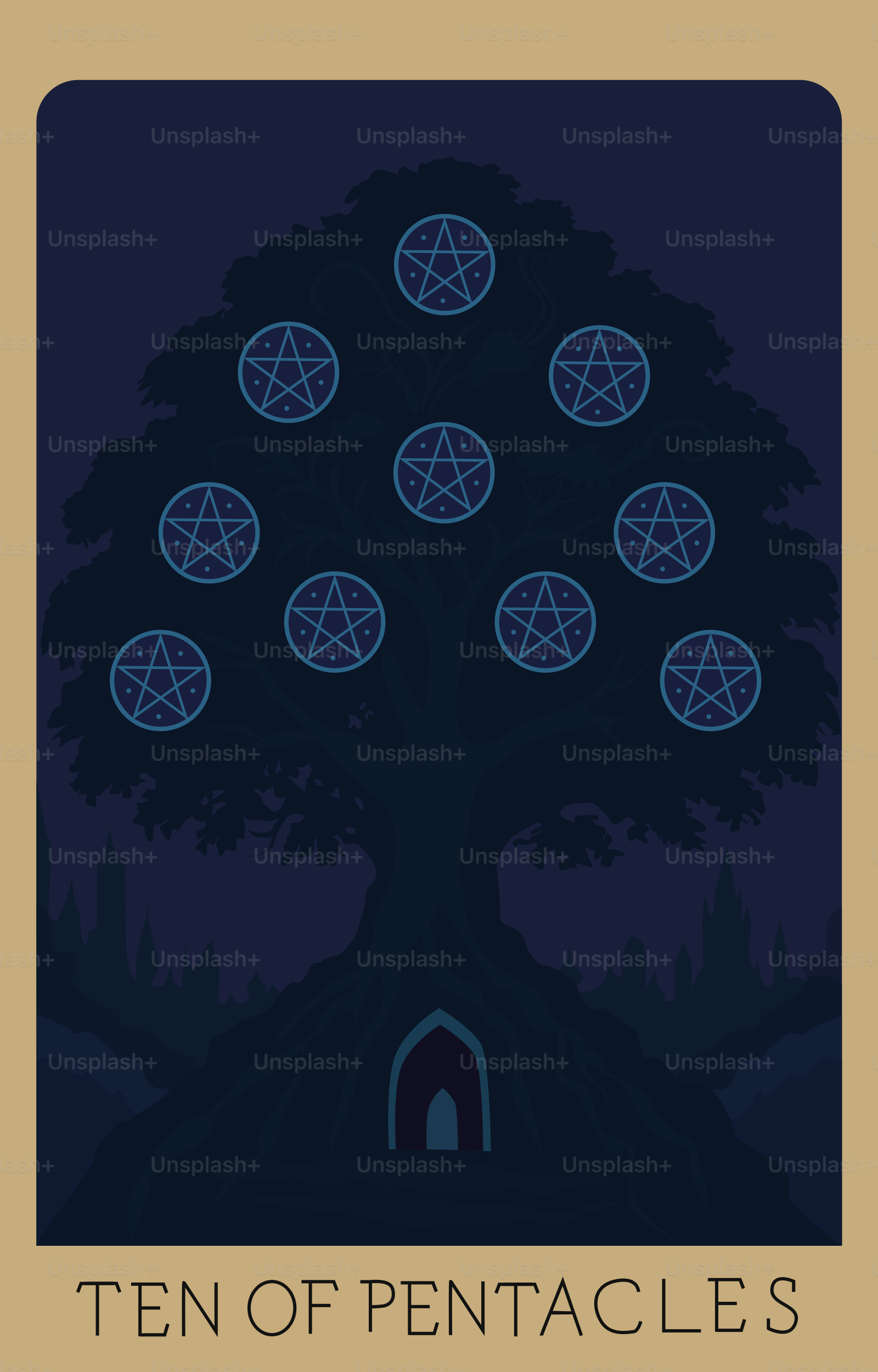 Zehn Pentagramme schmücken einen Baum auf einer Tarotkarte.