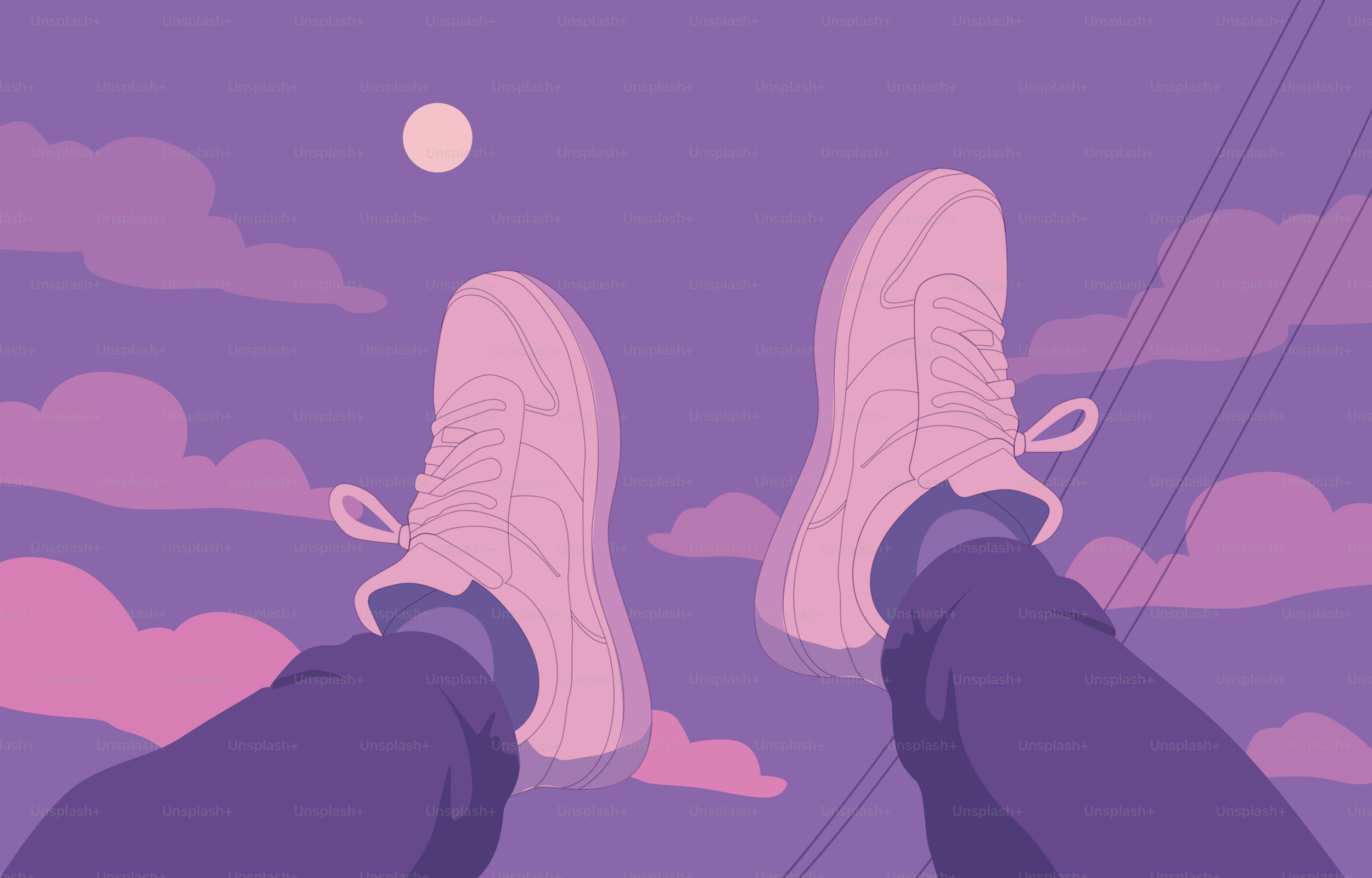 Shoes relaxing under a purple sky.