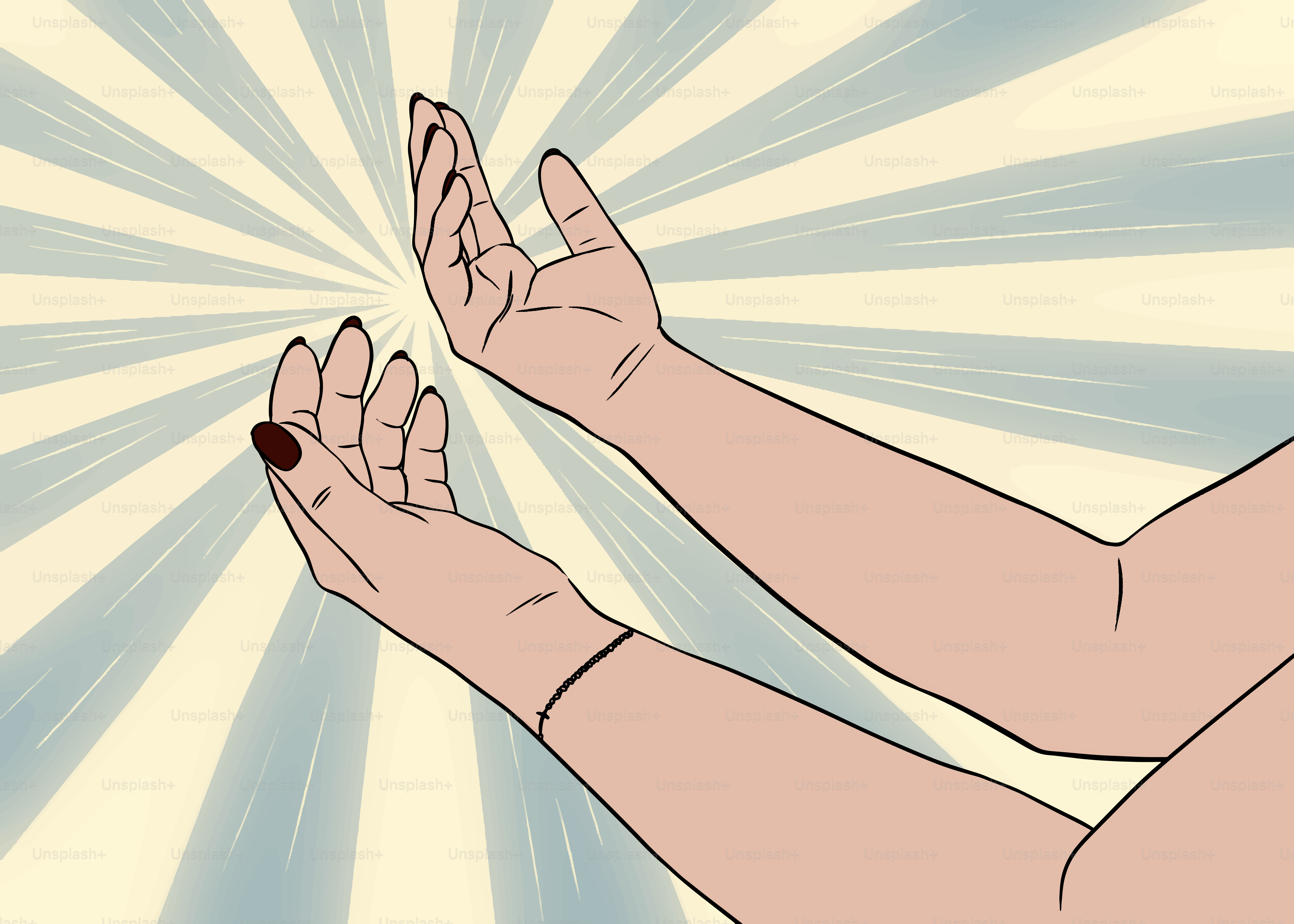 Mãos se estendem para cima diante de um fundo brilhante.