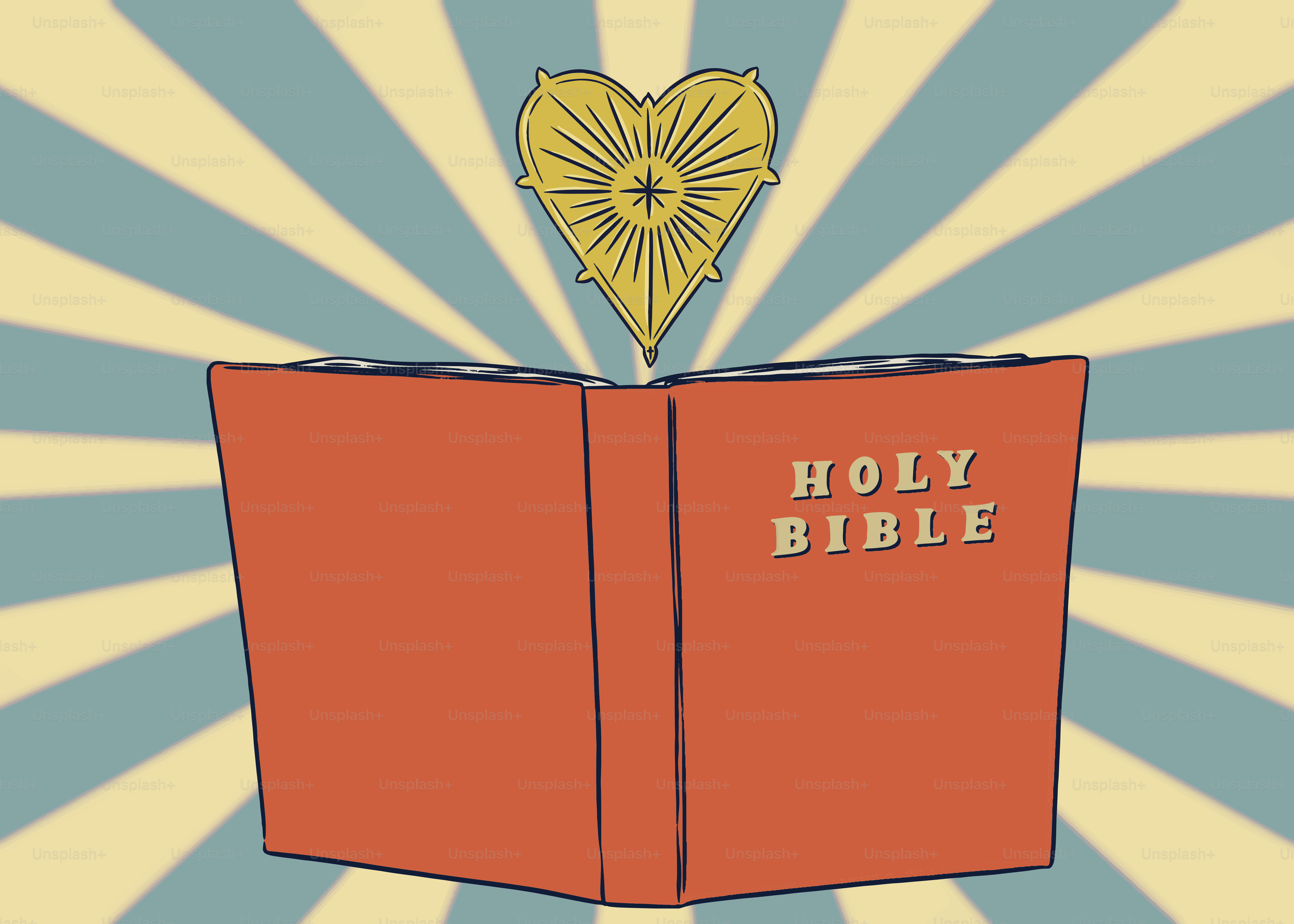 Holy bible with radiant gold heart above.
