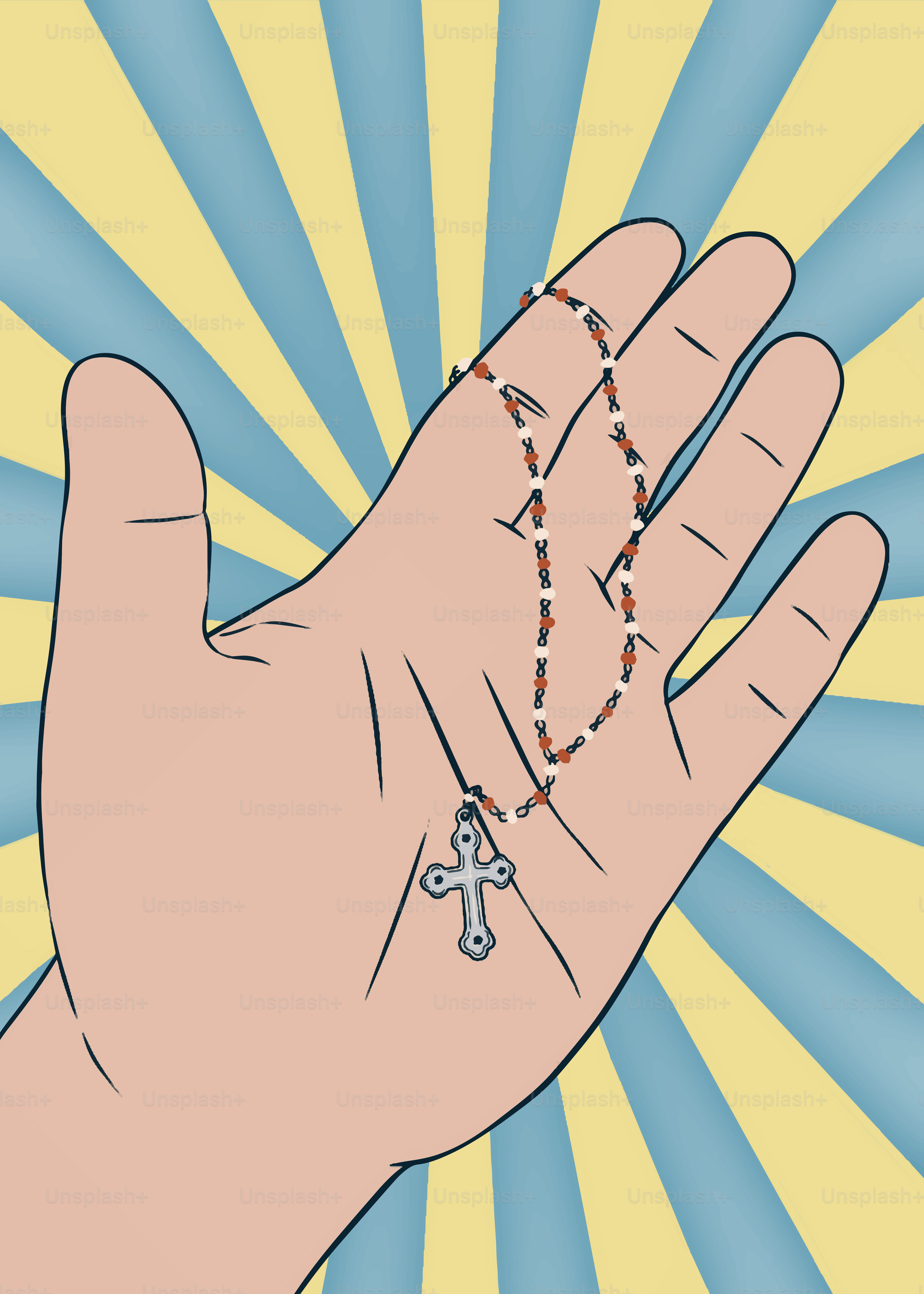 Hand holds a rosary against a striped background.