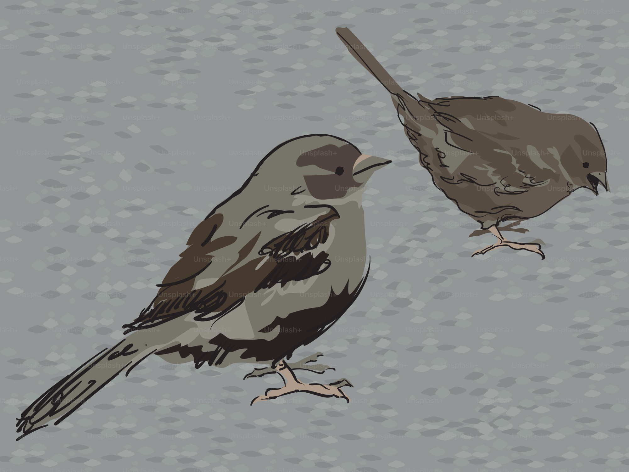 Two stylized birds are depicted on a gray surface.