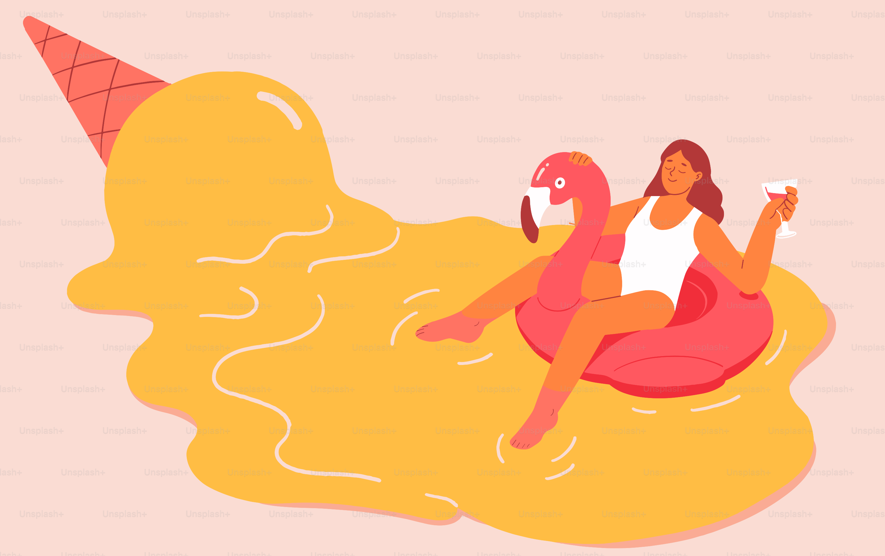 A woman cools off in melted ice cream.