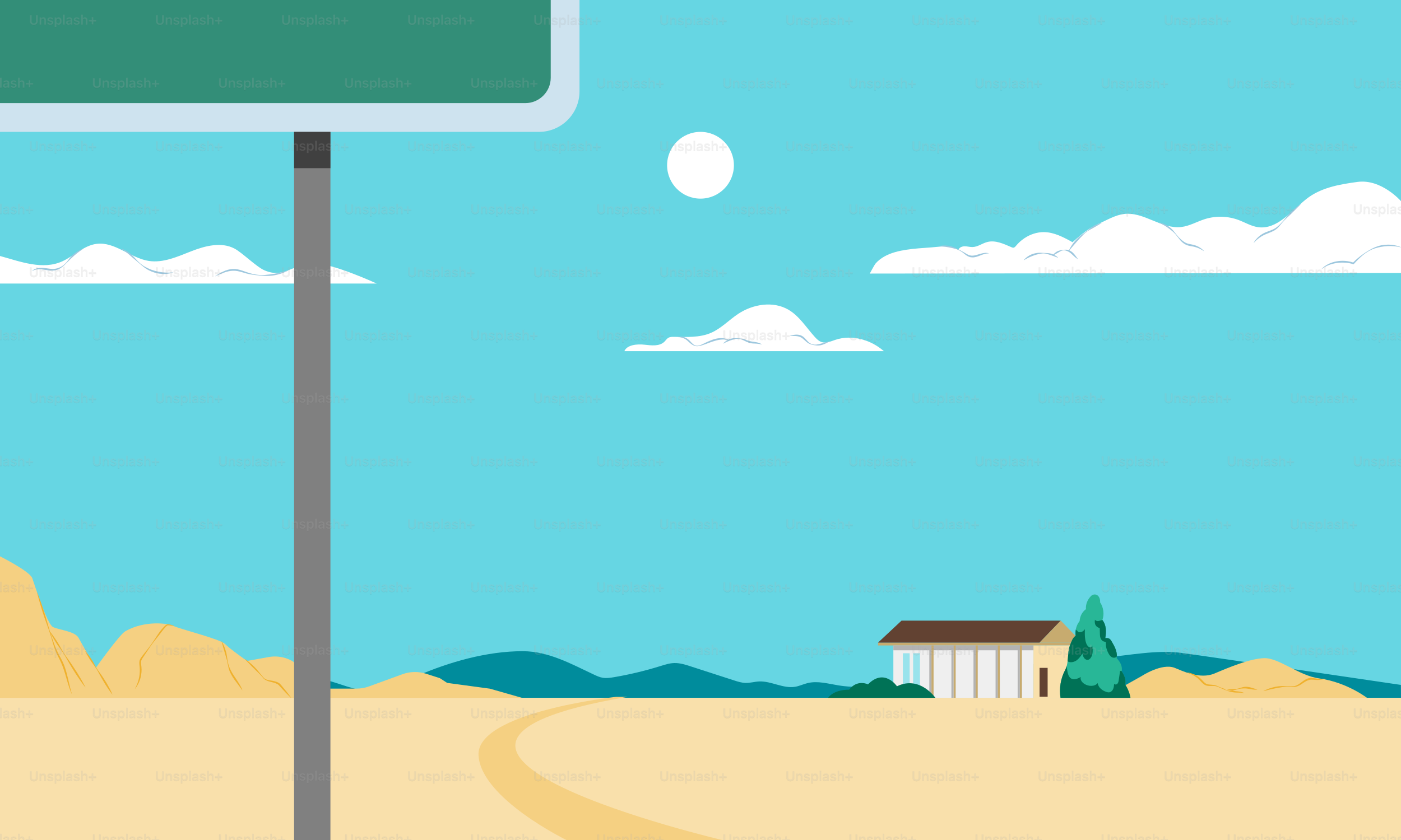 Desert landscape with a house, sign and clouds.