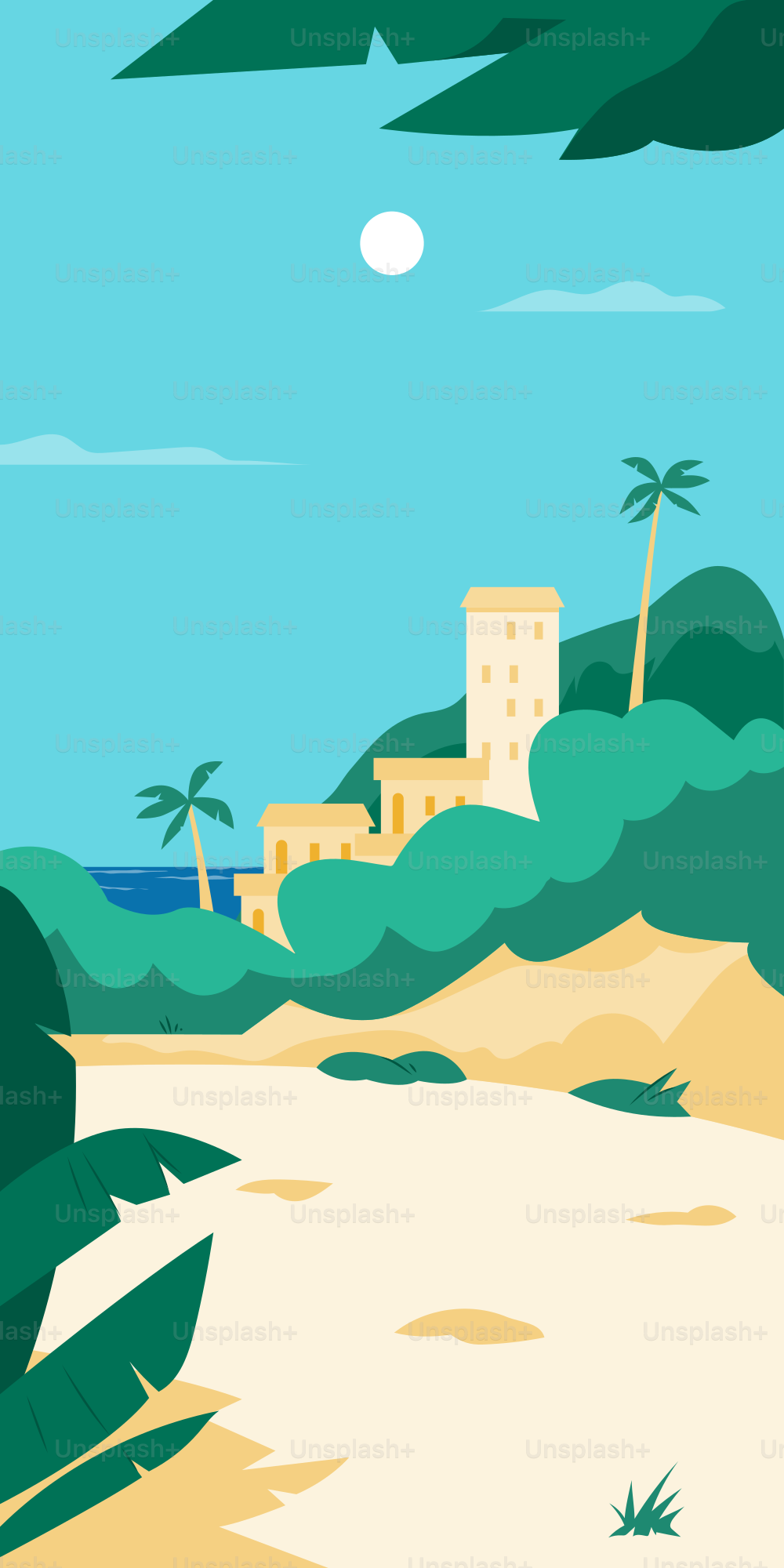 A beach scene with trees and buildings.