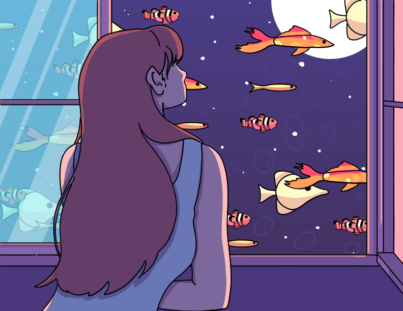 A woman gazes at fish swimming in the night sky.