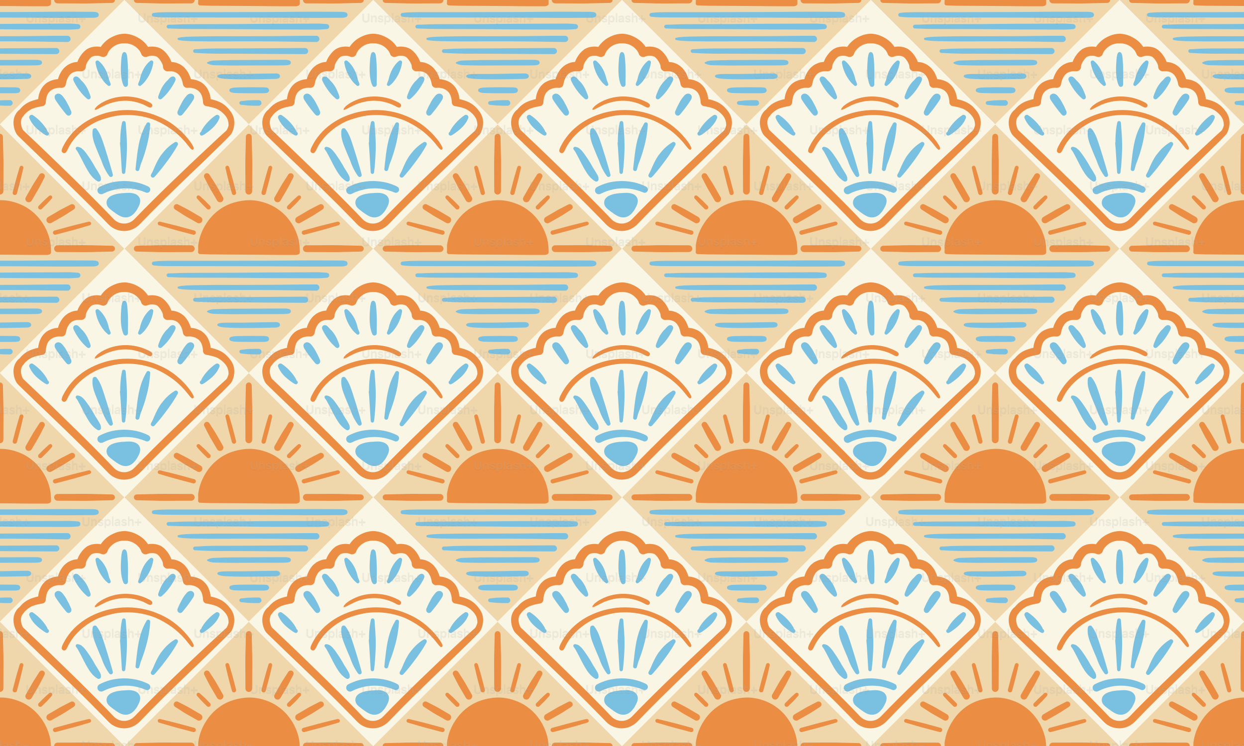 Un patrón decorativo con destellos de sol y abanicos.