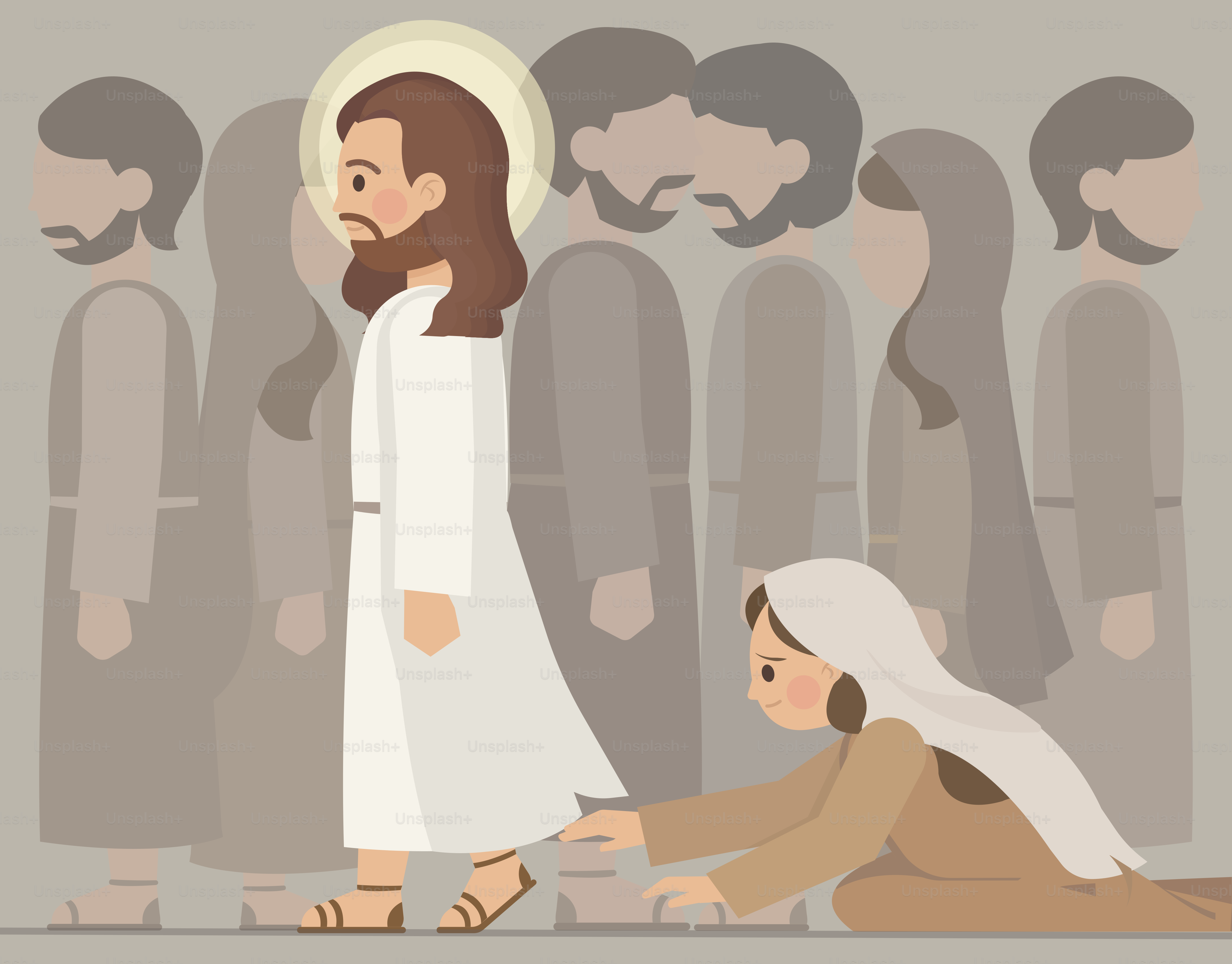 Jesus is walking as a woman kneels and touches him.