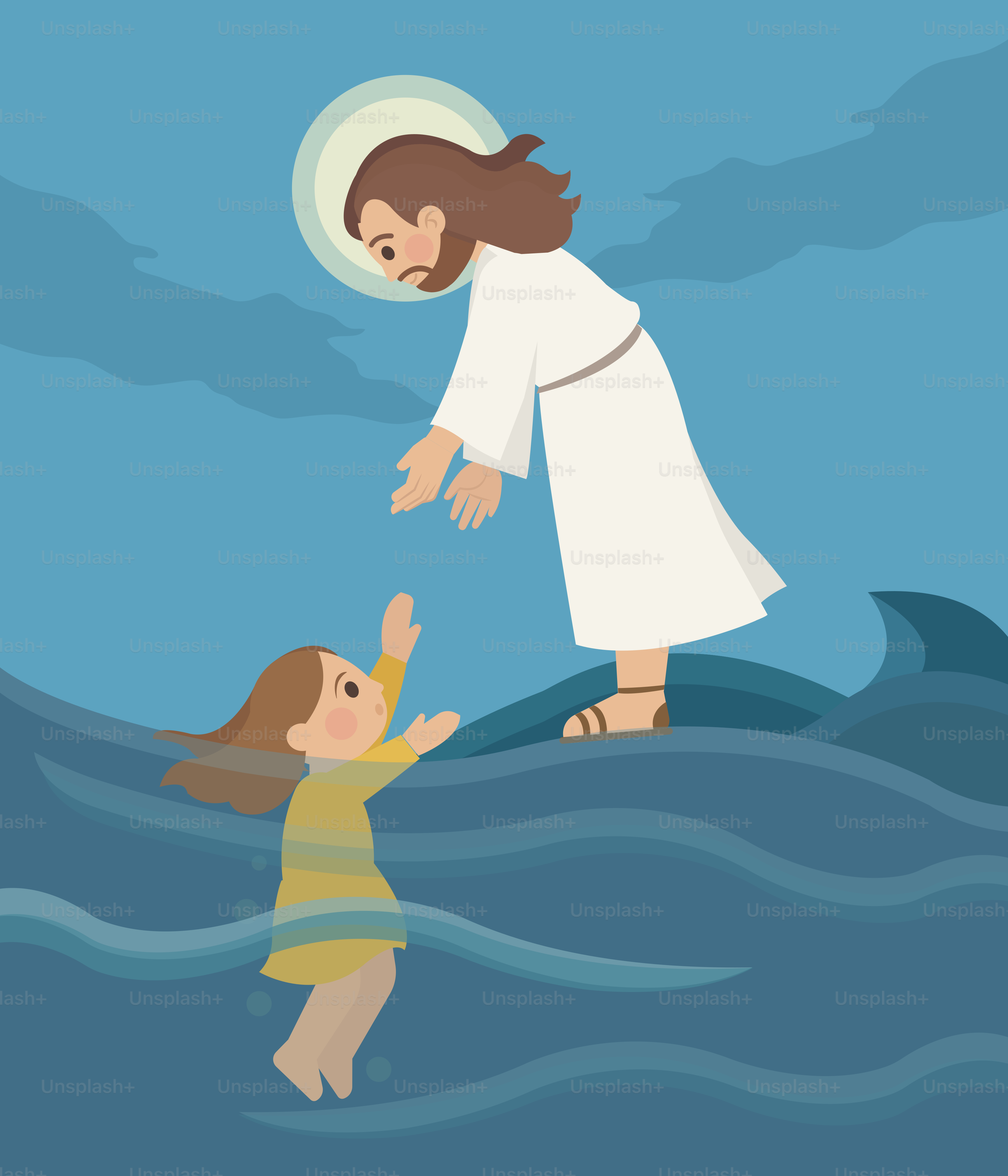 Jesús bajando la mano para ayudar a una chica que está luchando.