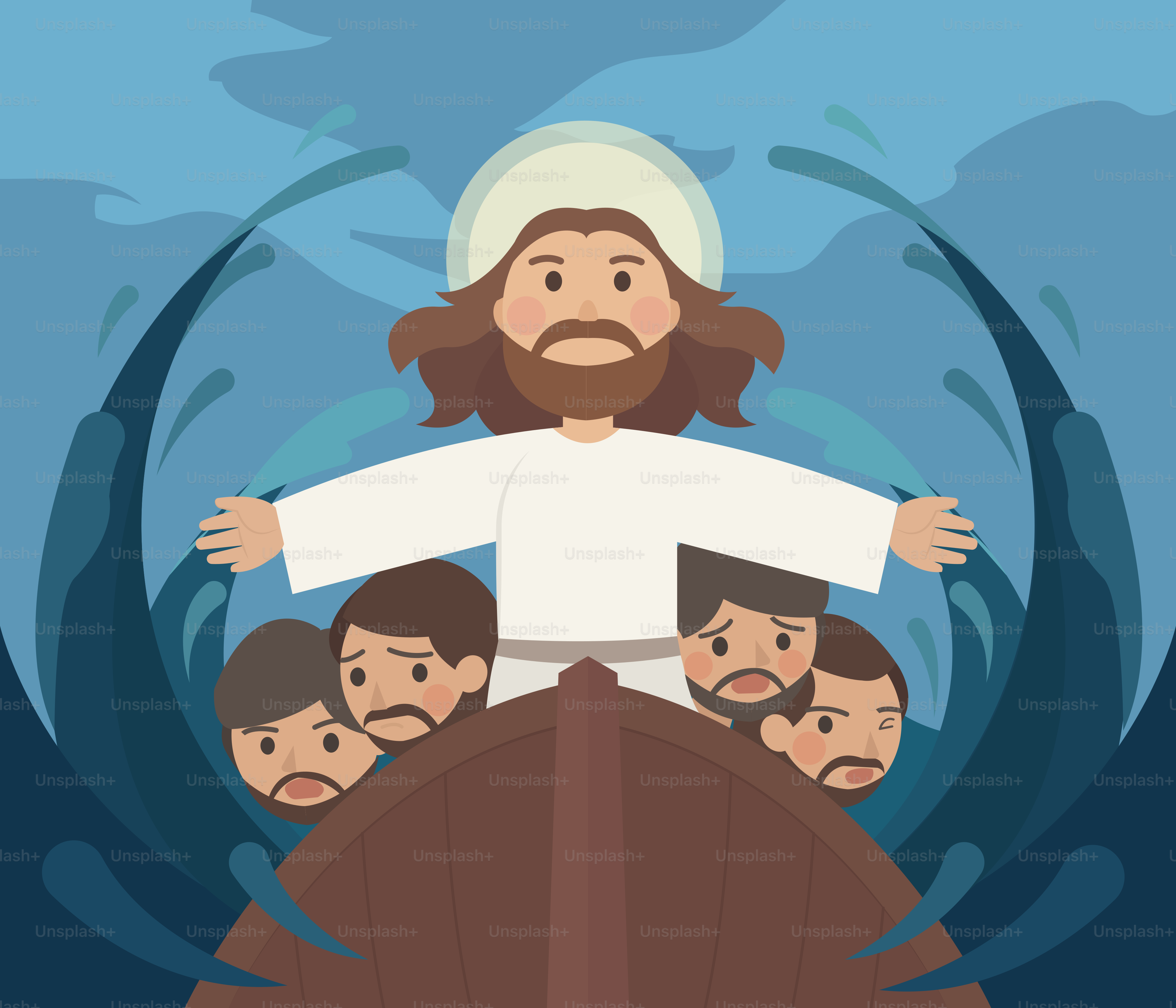 Jesus christ calms the storm at sea.