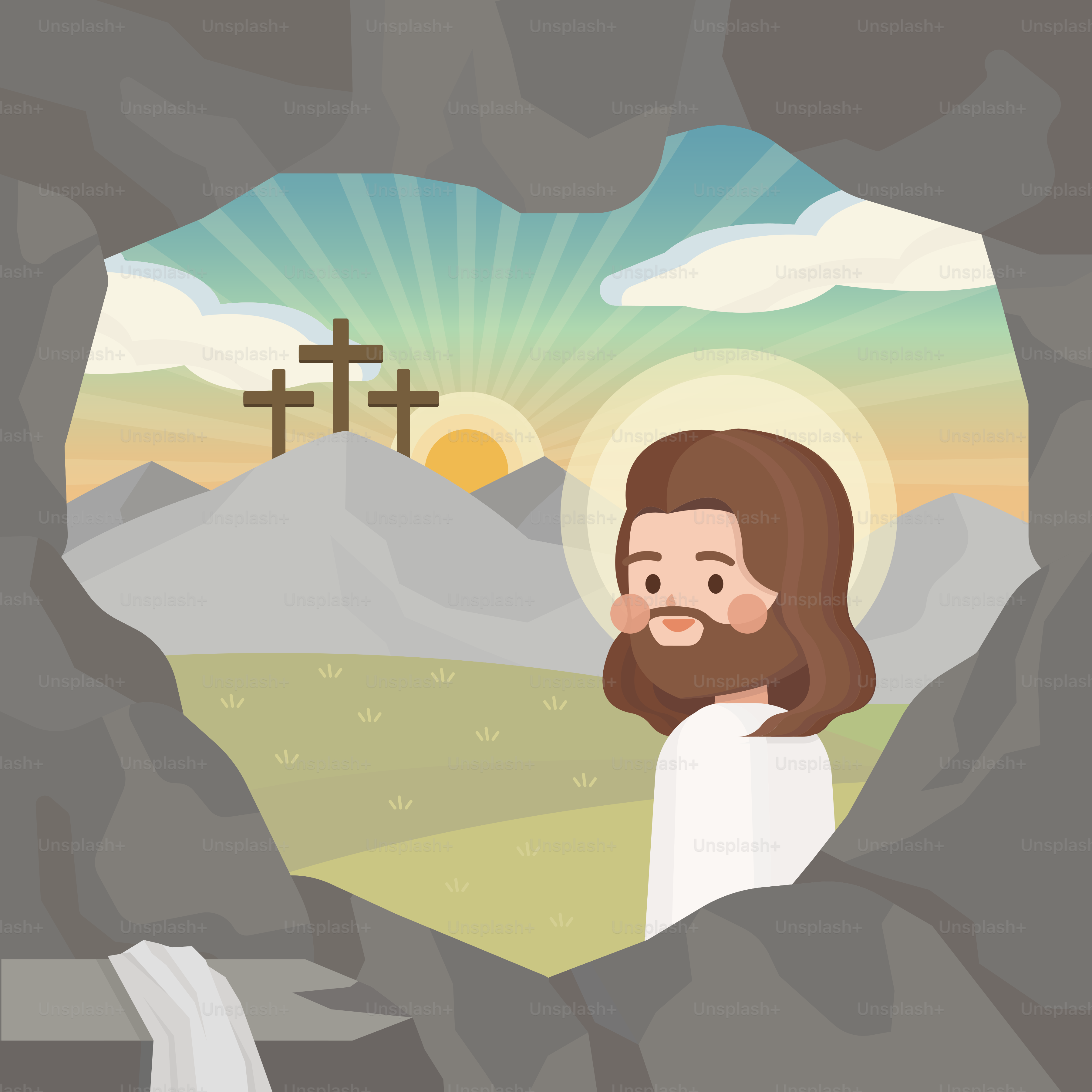 Jesus emerges from the tomb, risen.