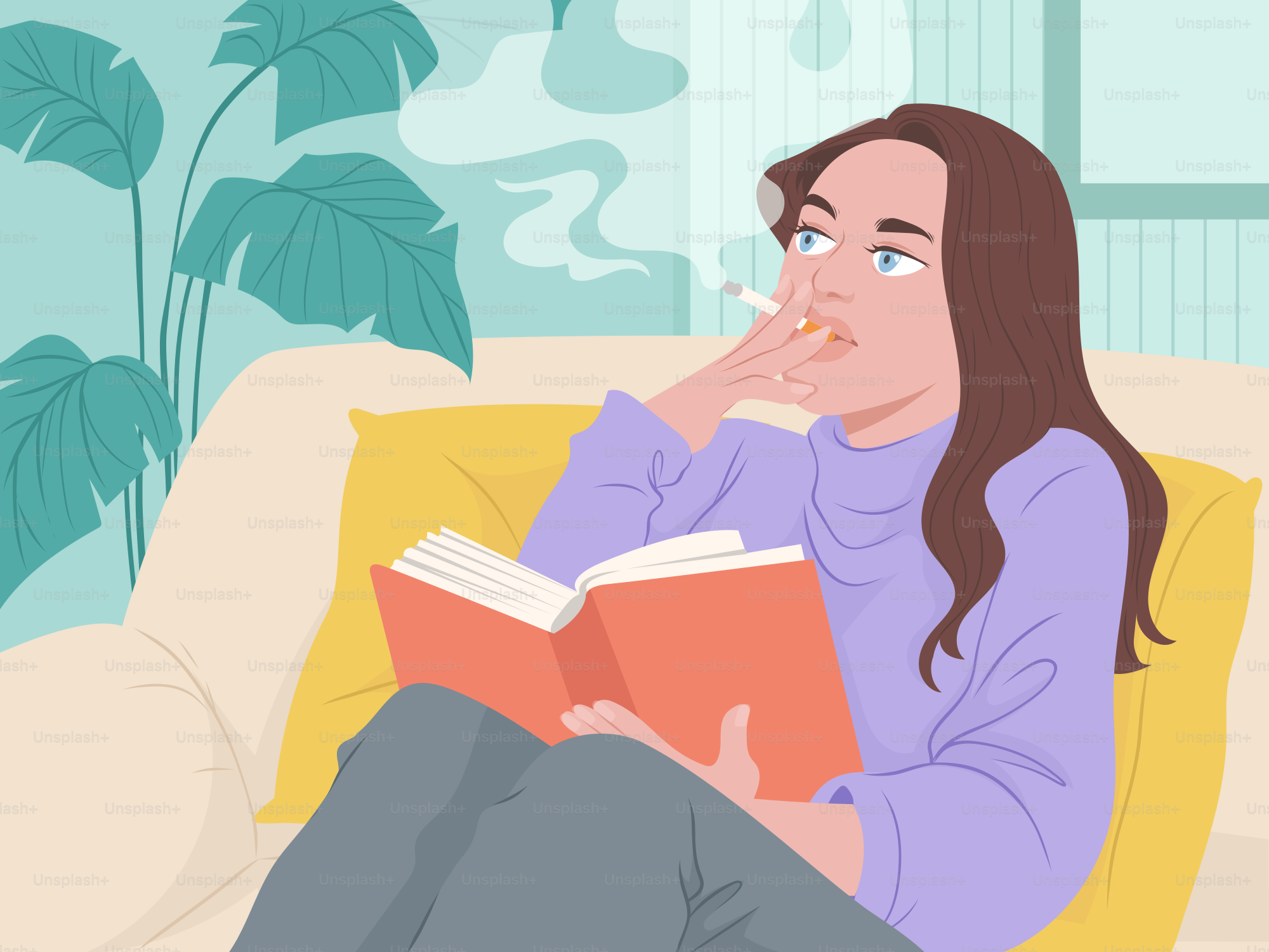 Una donna legge mentre fuma una sigaretta.