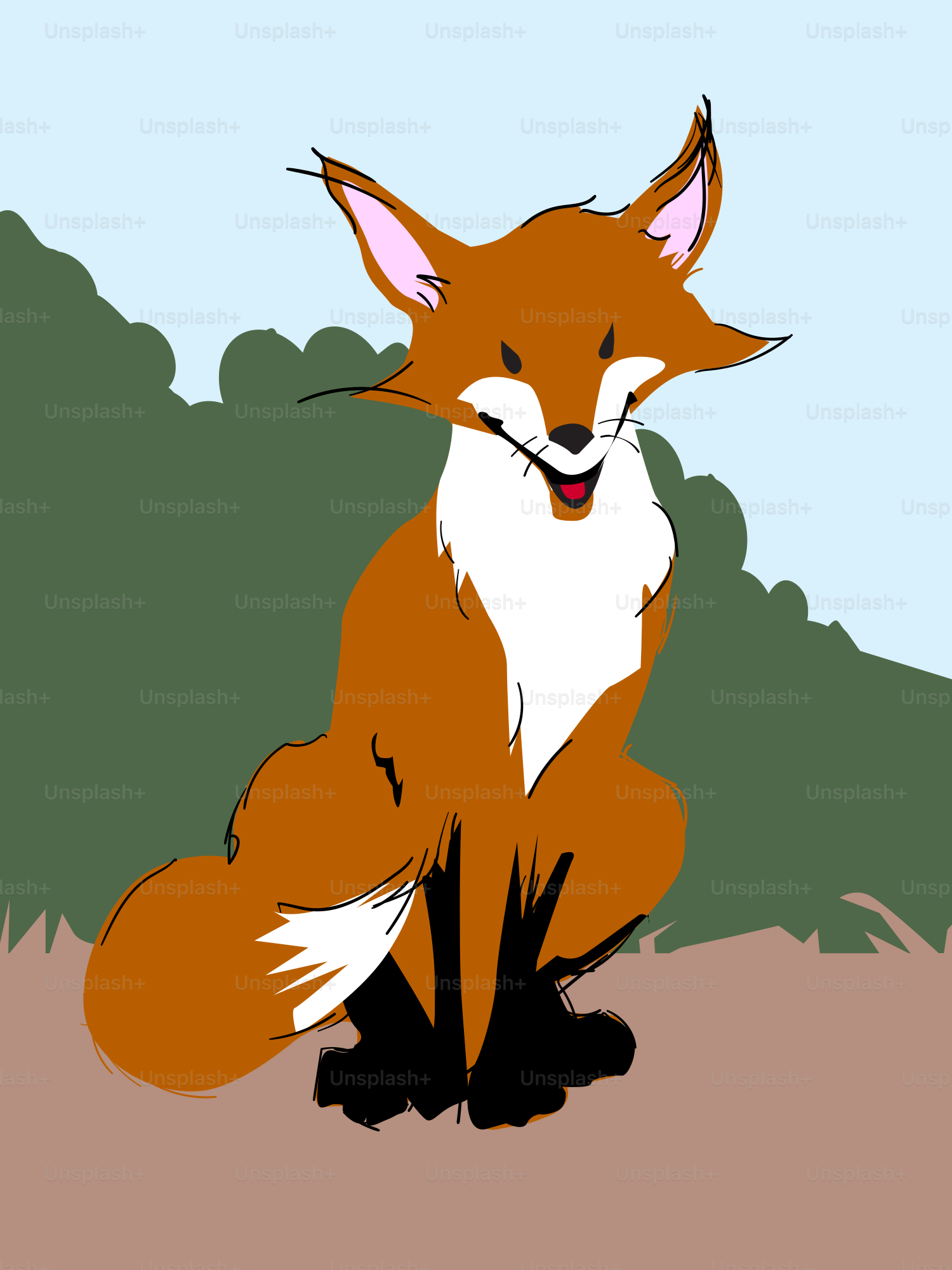 A smiling fox sits among green foliage.