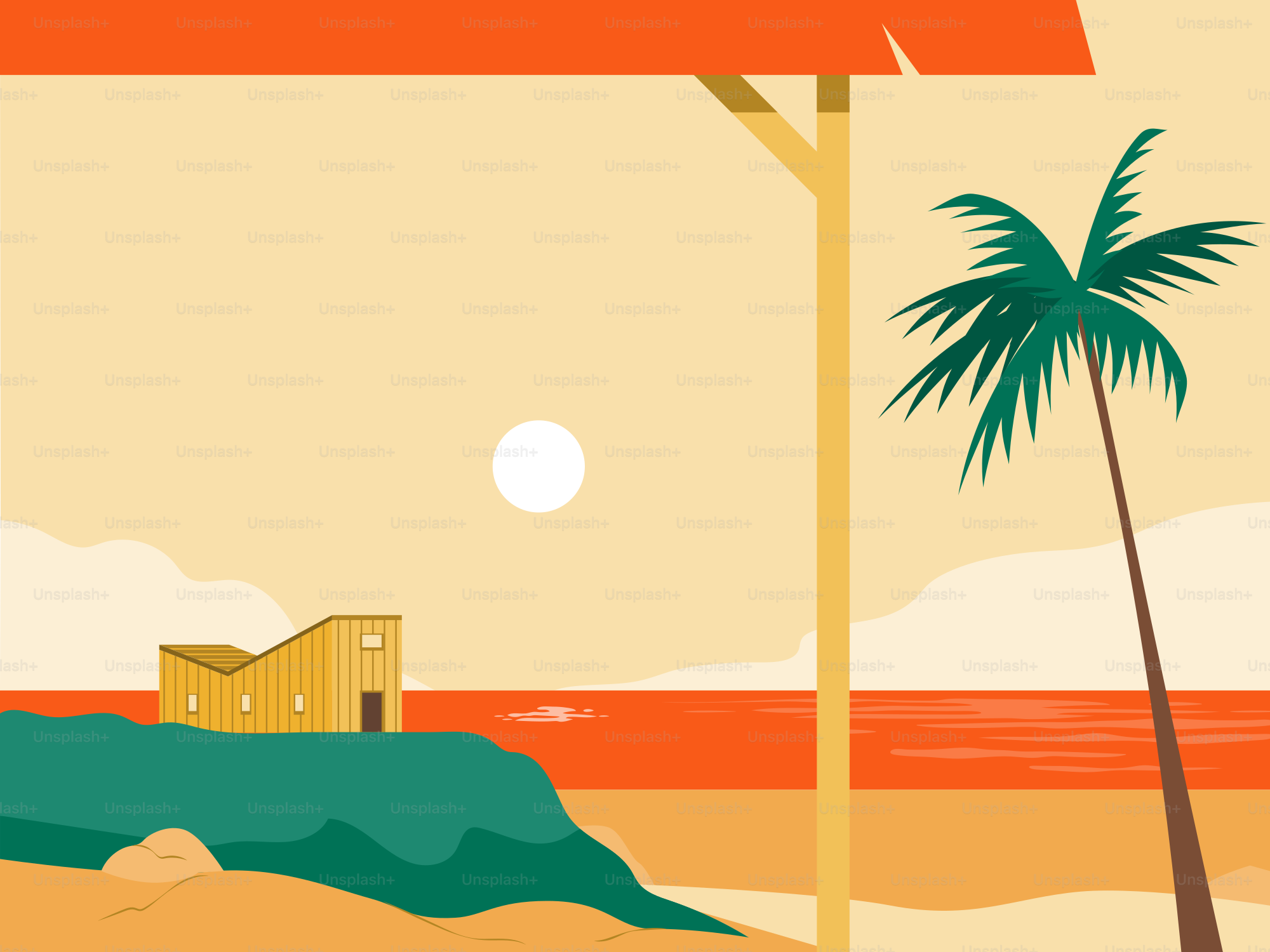 Uma cena de praia com sol e palmeira.