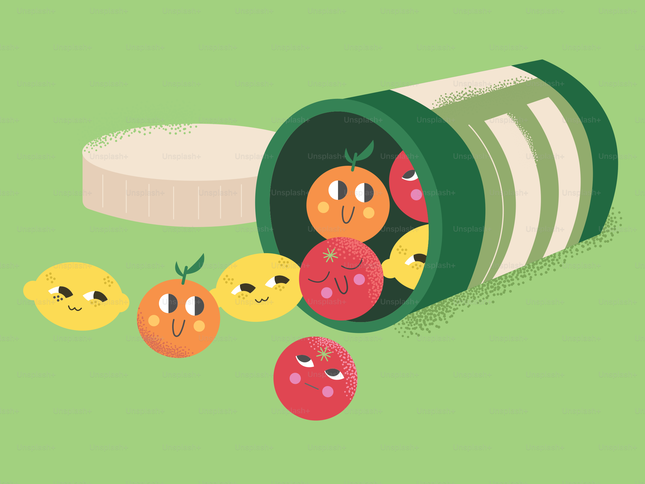 Las vitaminas de la fruta se derraman de un recipiente.