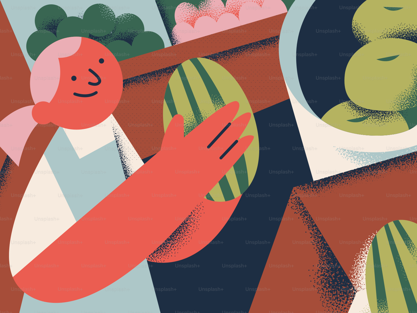 A woman selects a watermelon at the market.