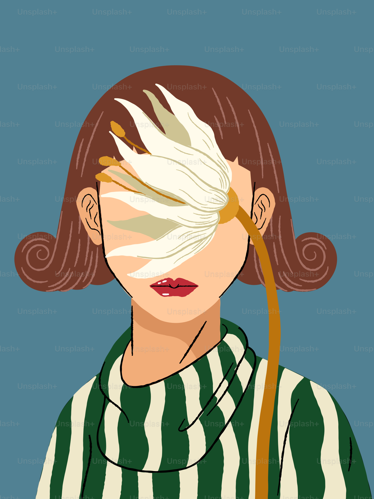 A woman is obscured by a large white flower.