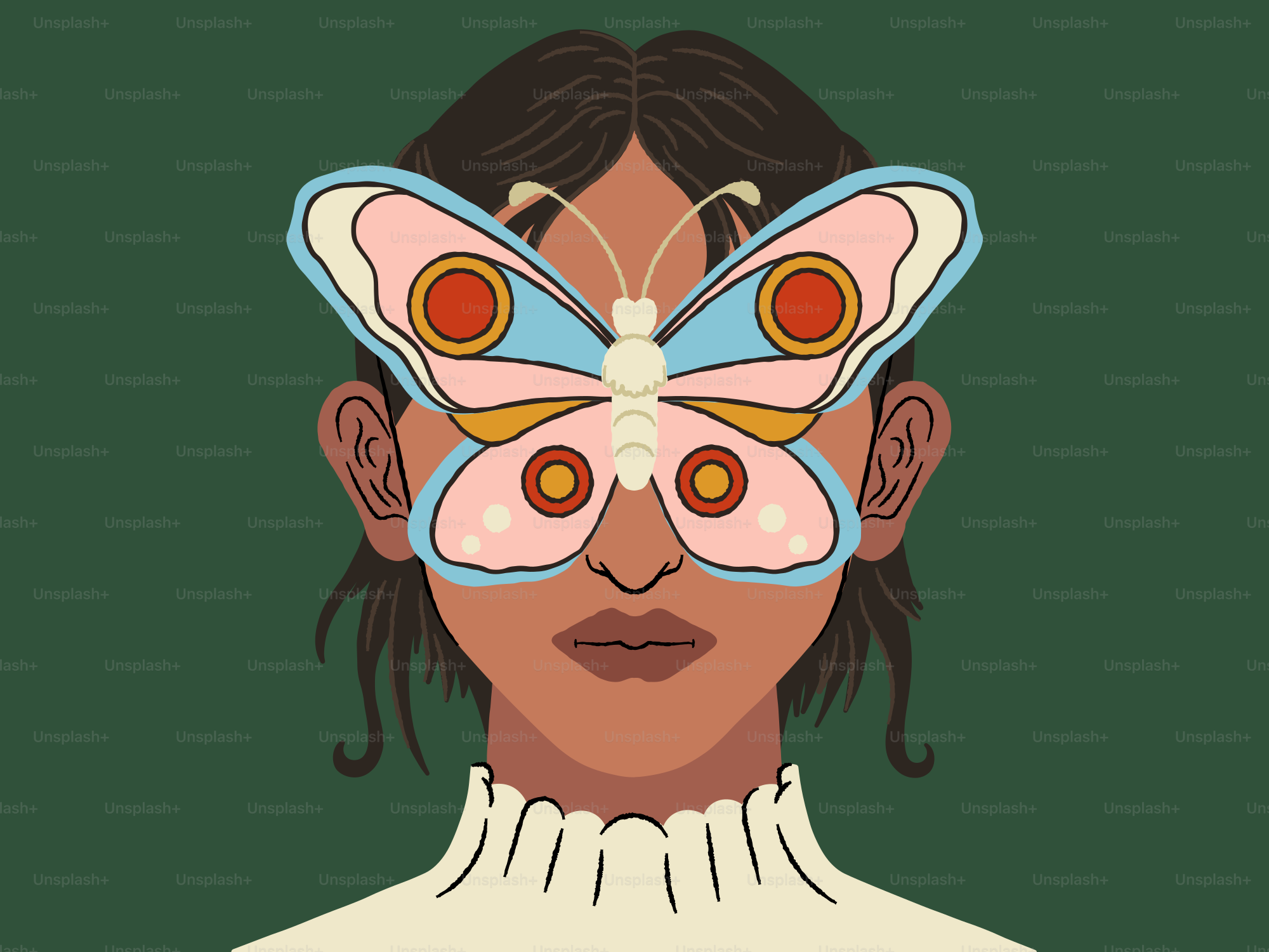 A woman's face is covered by a butterfly mask.