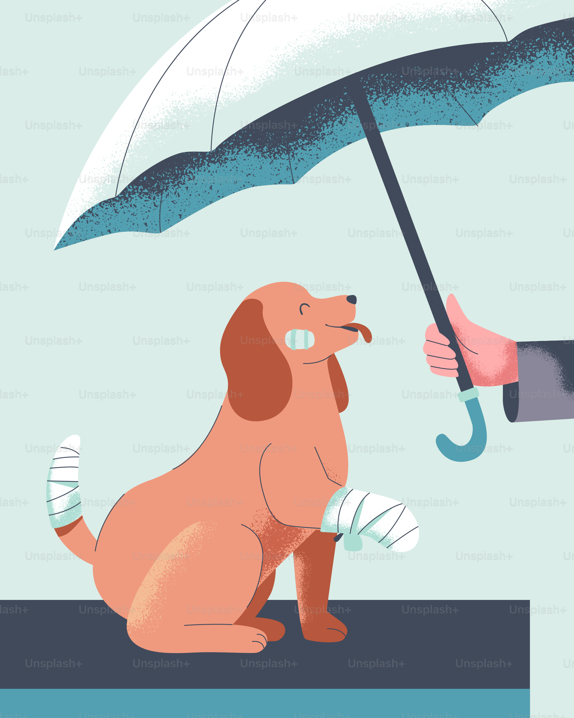 Un chien est protégé par un parapluie.