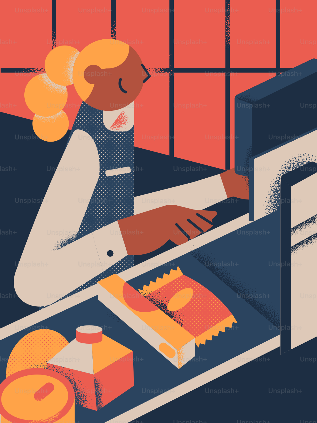 A cashier scans groceries at the checkout counter.