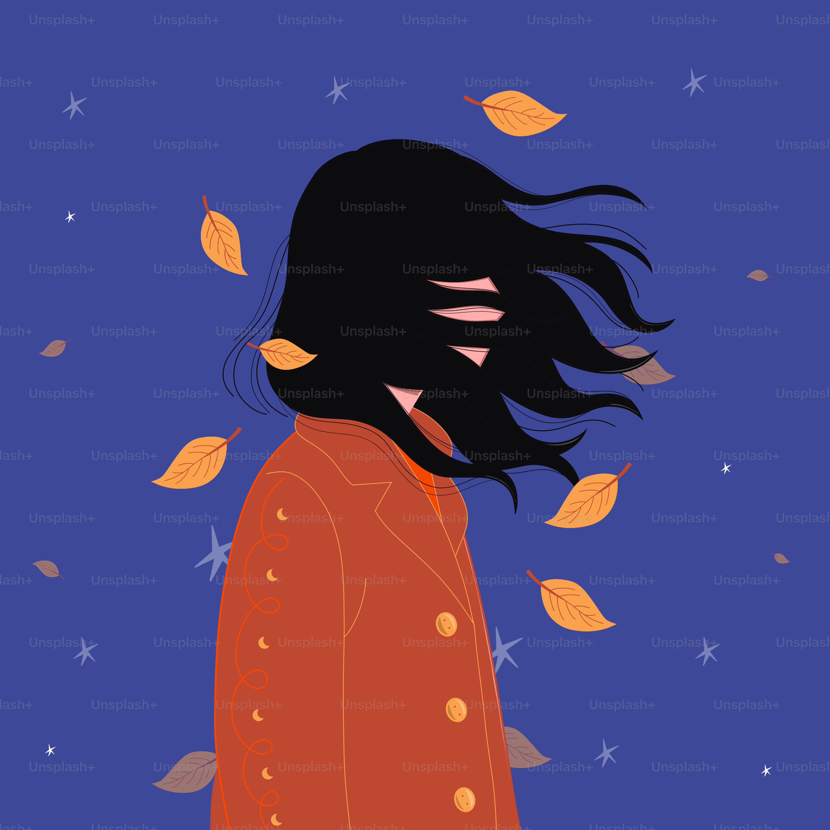 Windy girl in a coat with falling autumn leaves.