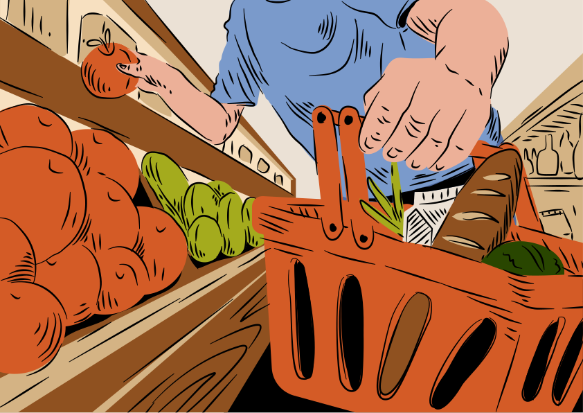 A person is picking fruit at the grocery store.