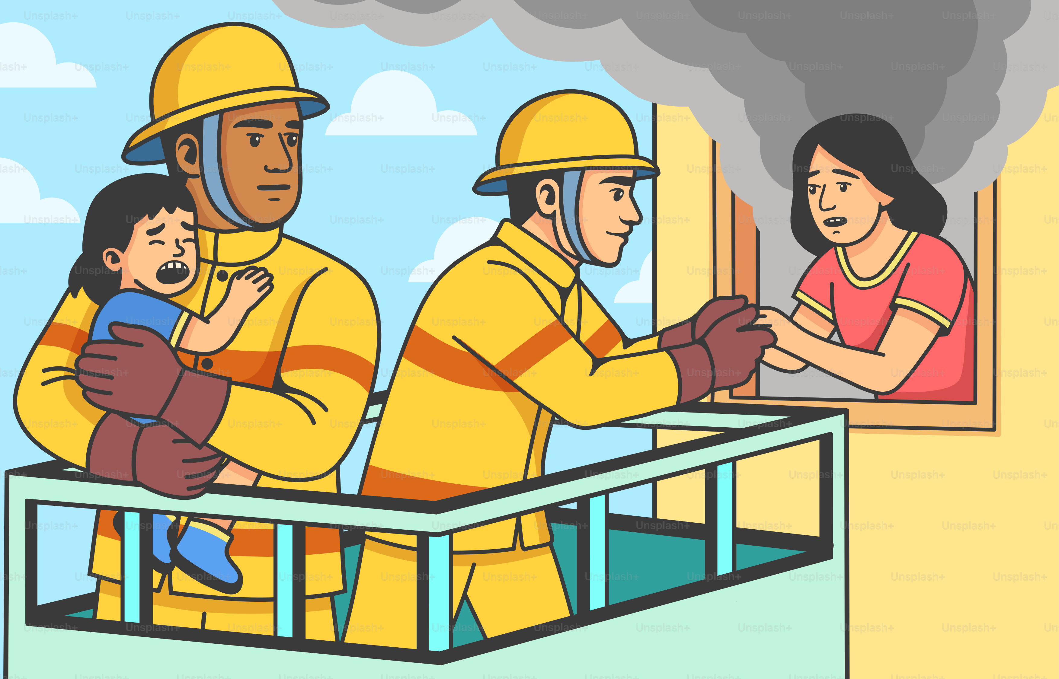 Firefighters rescue a child from a burning building.