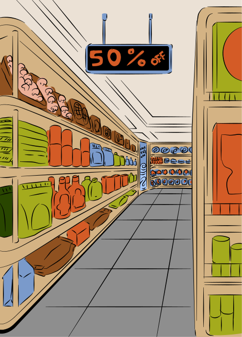 Ein Supermarkt-Gang mit einem 50%-Rabatt-Schild