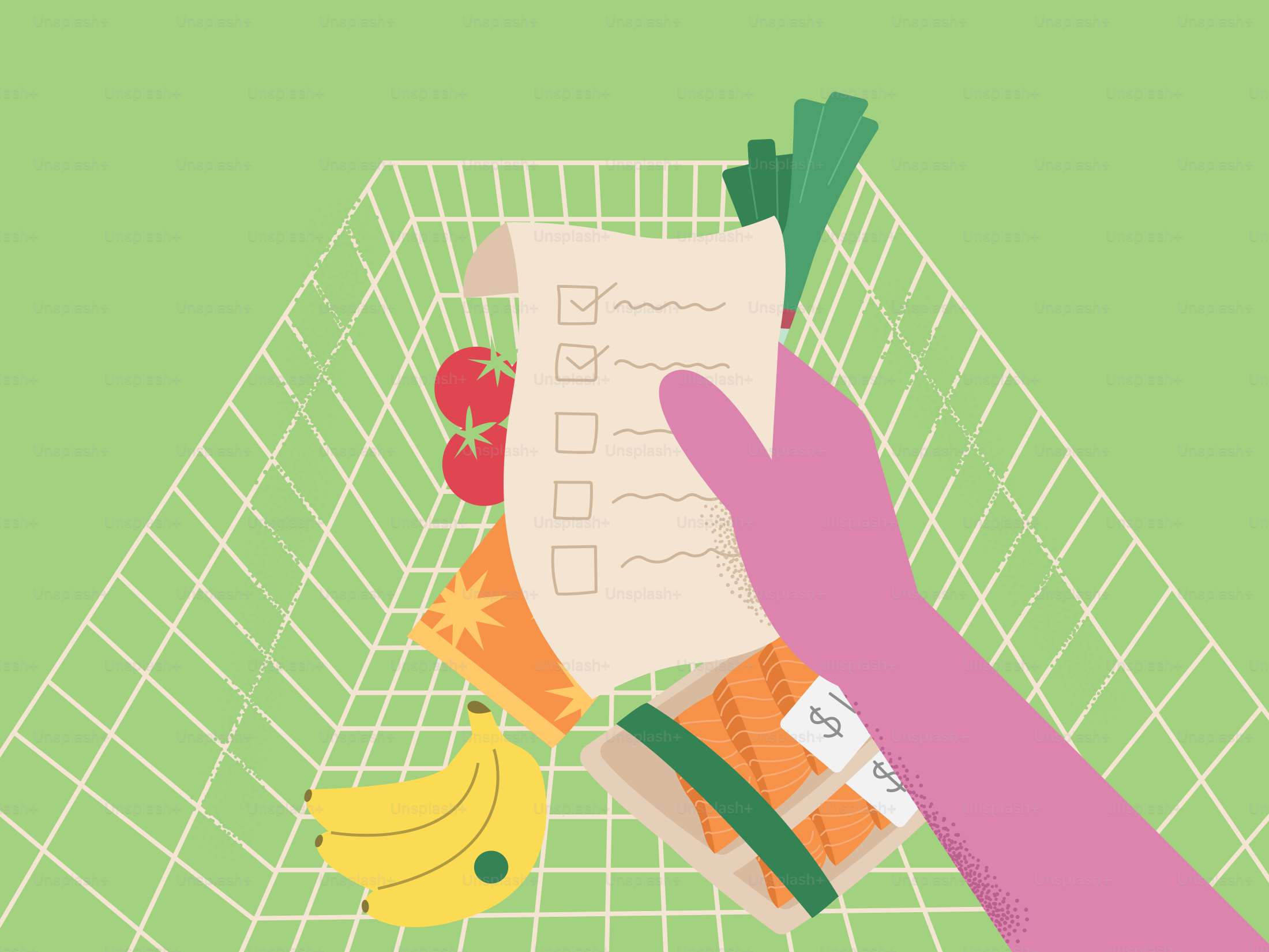 Grocery shopping with a list in hand.