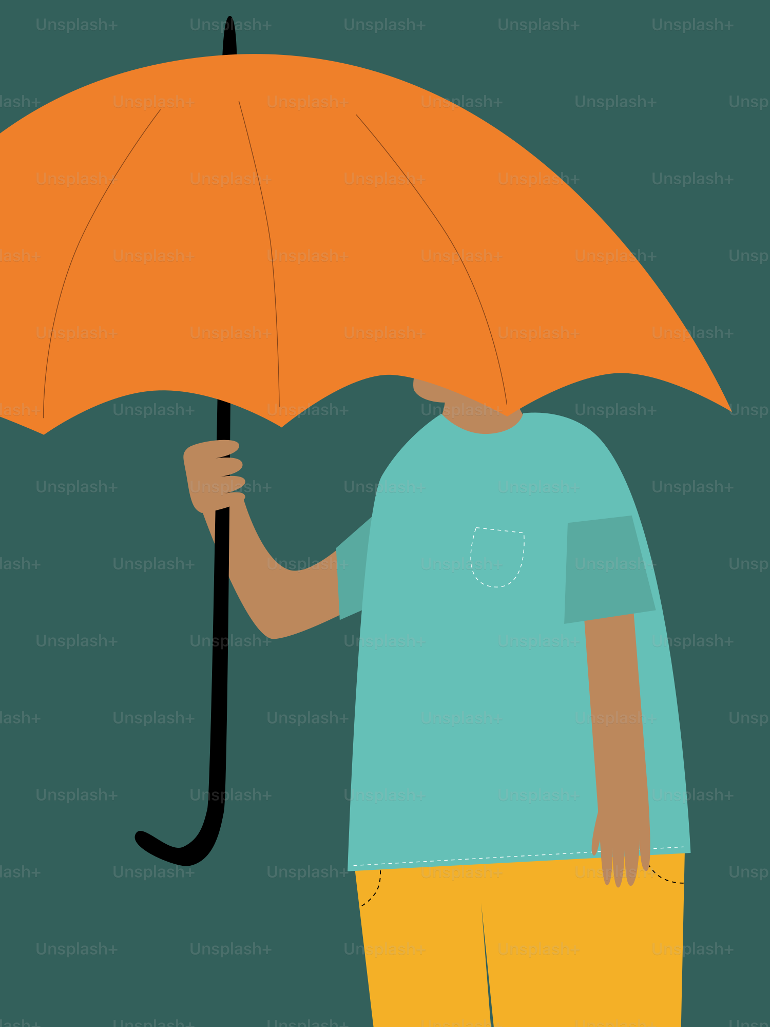 Une personne se cache sous un parapluie orange.