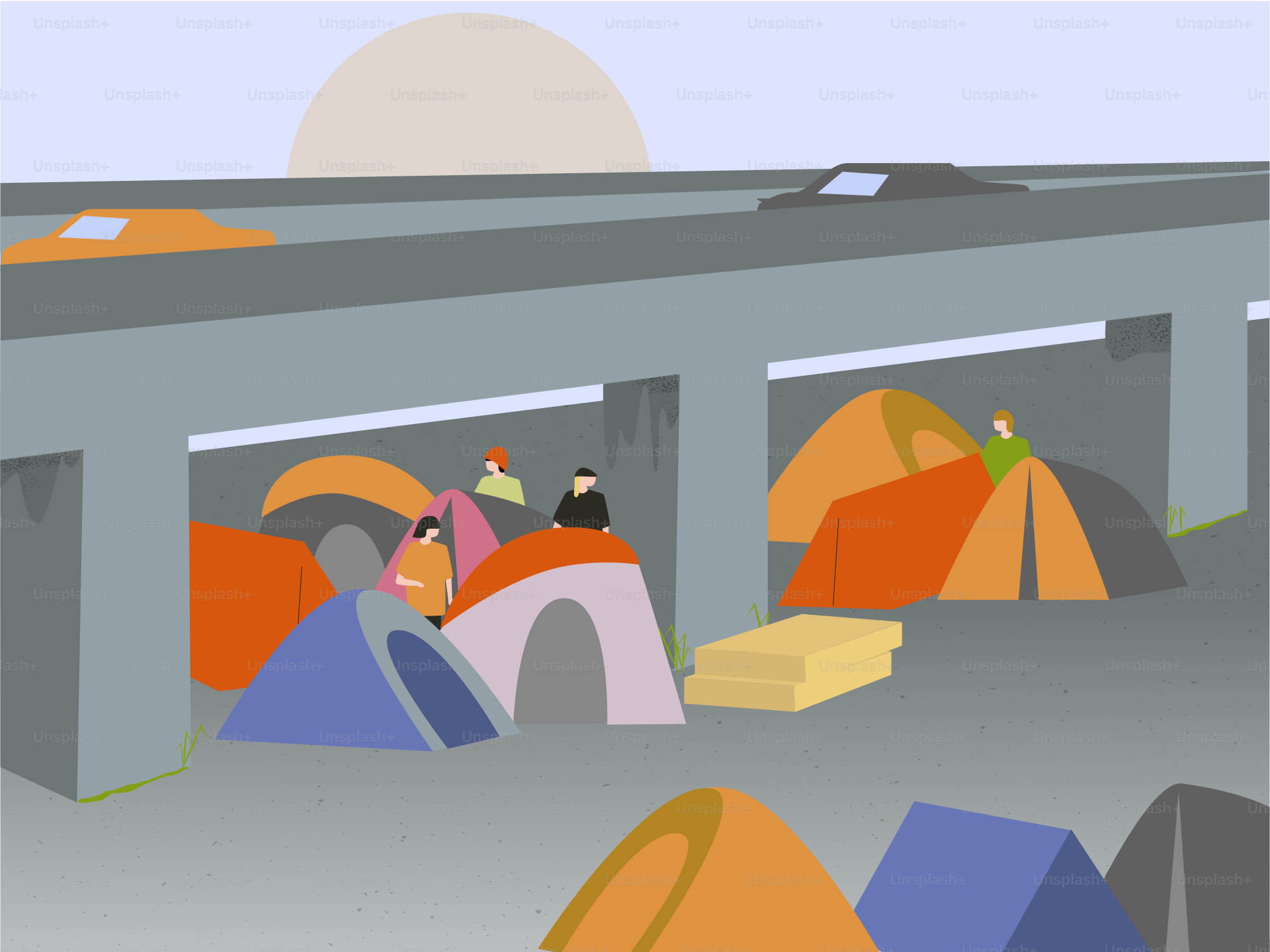 People camp under a bridge.