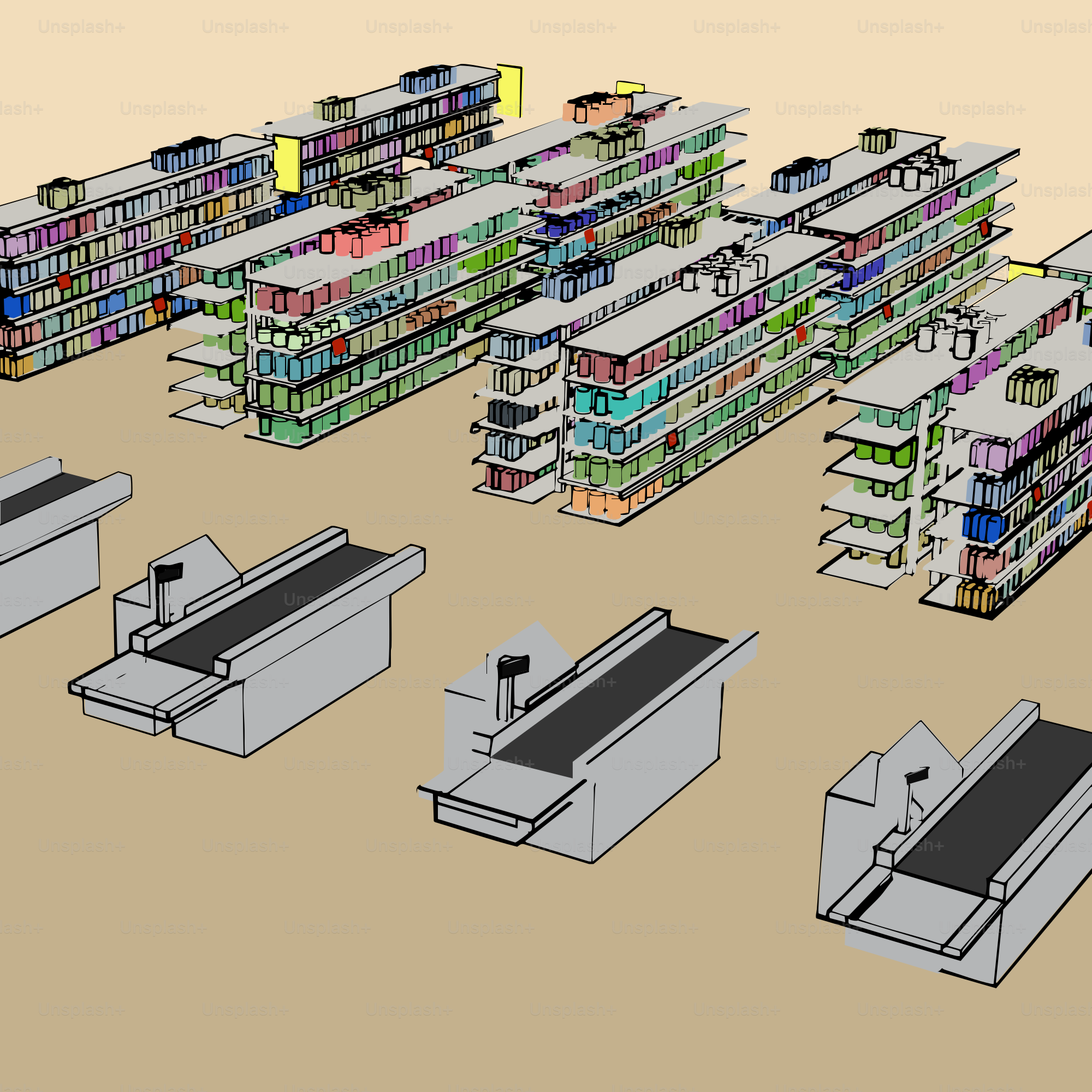 Perspective view of a grocery store with checkout lanes.