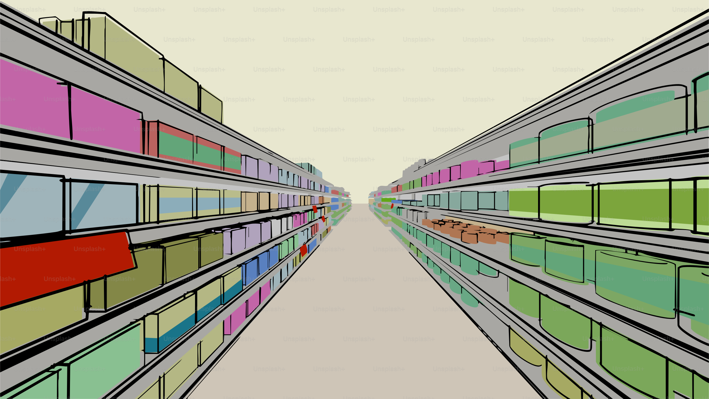 Rows of shelves fill a grocery store aisle.
