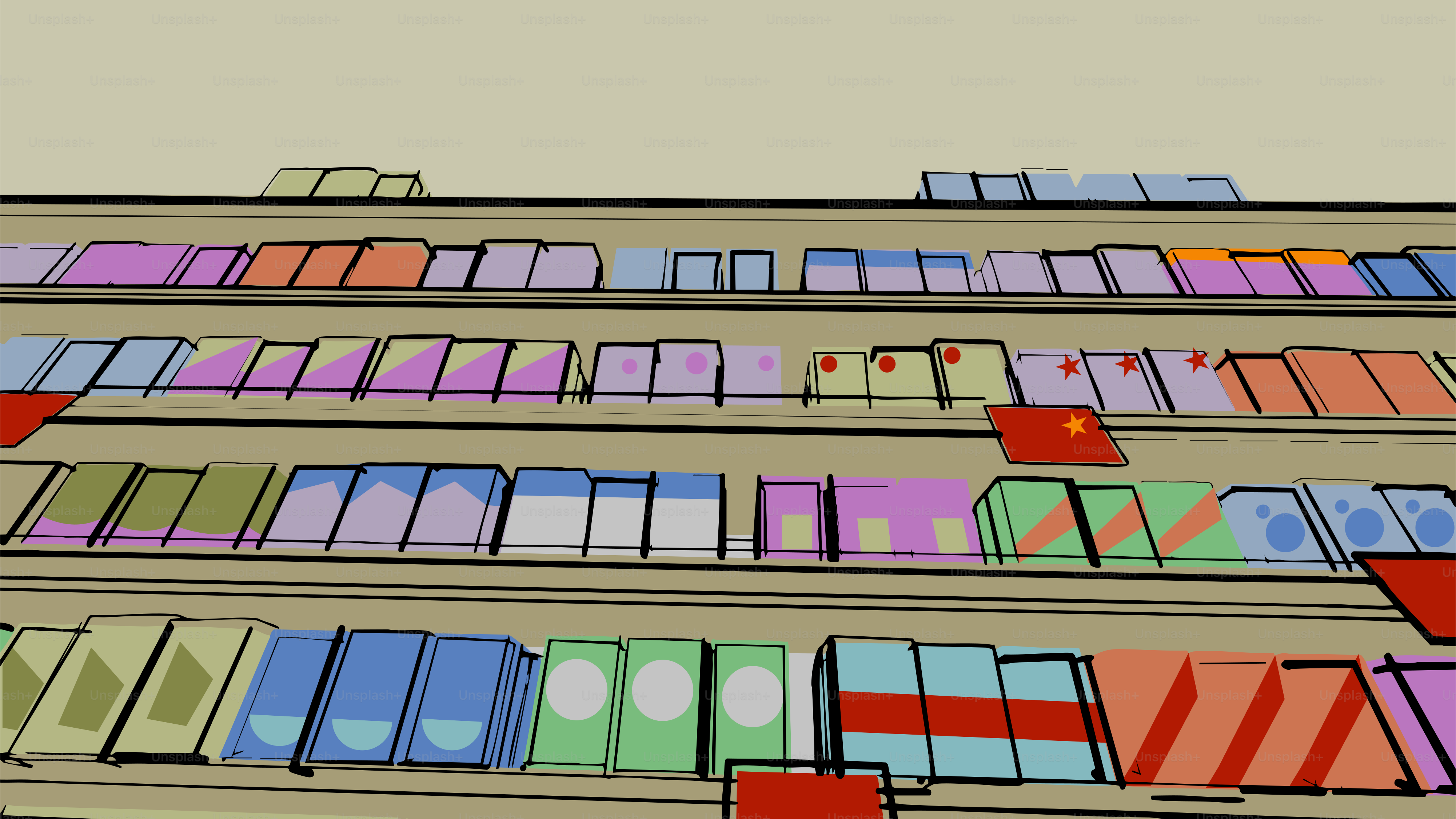 Bookshelves are full of colorful books.