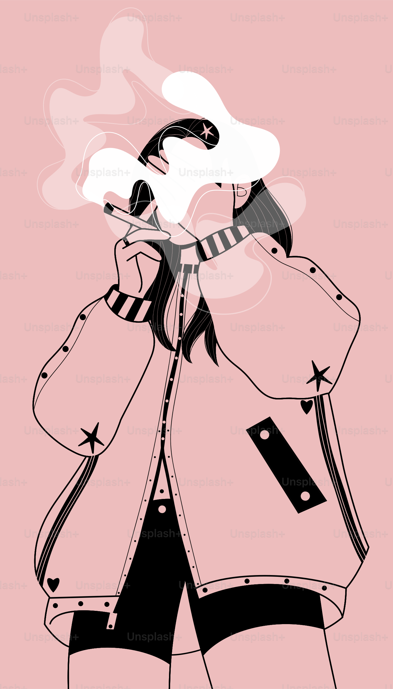 A woman exhales cigarette smoke in this drawing.