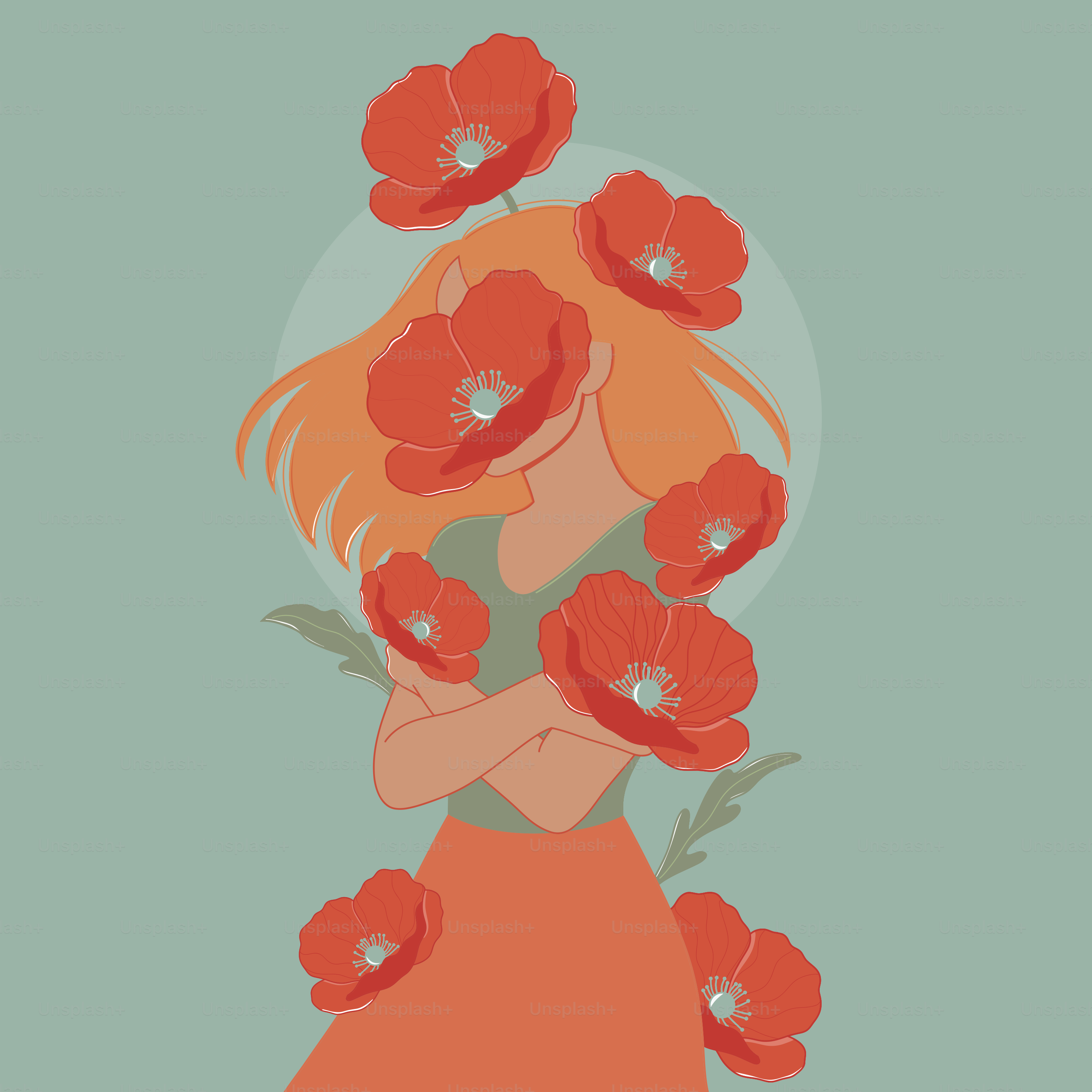 Fille enlacée par des coquelicots rouges éclatants.