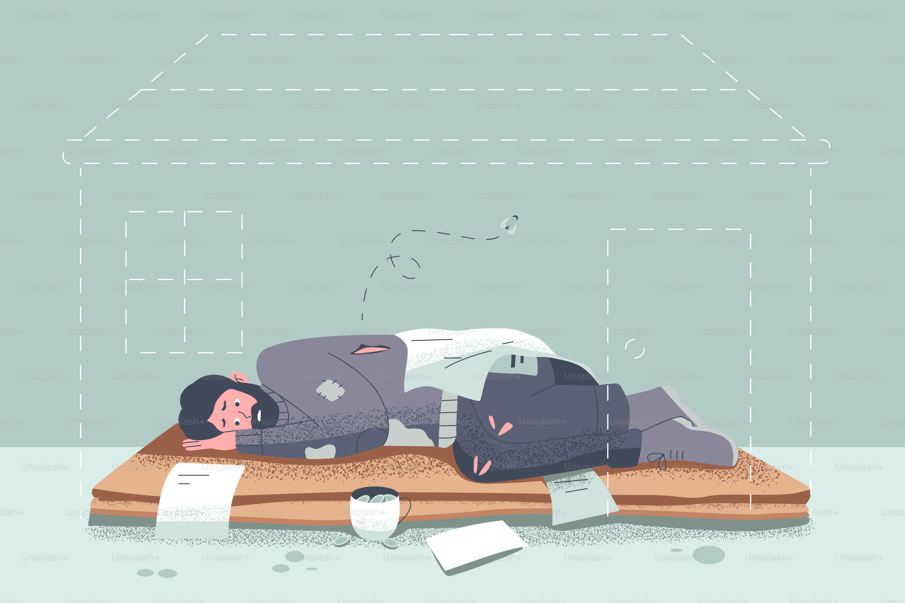 Homeless person lying on a mat.