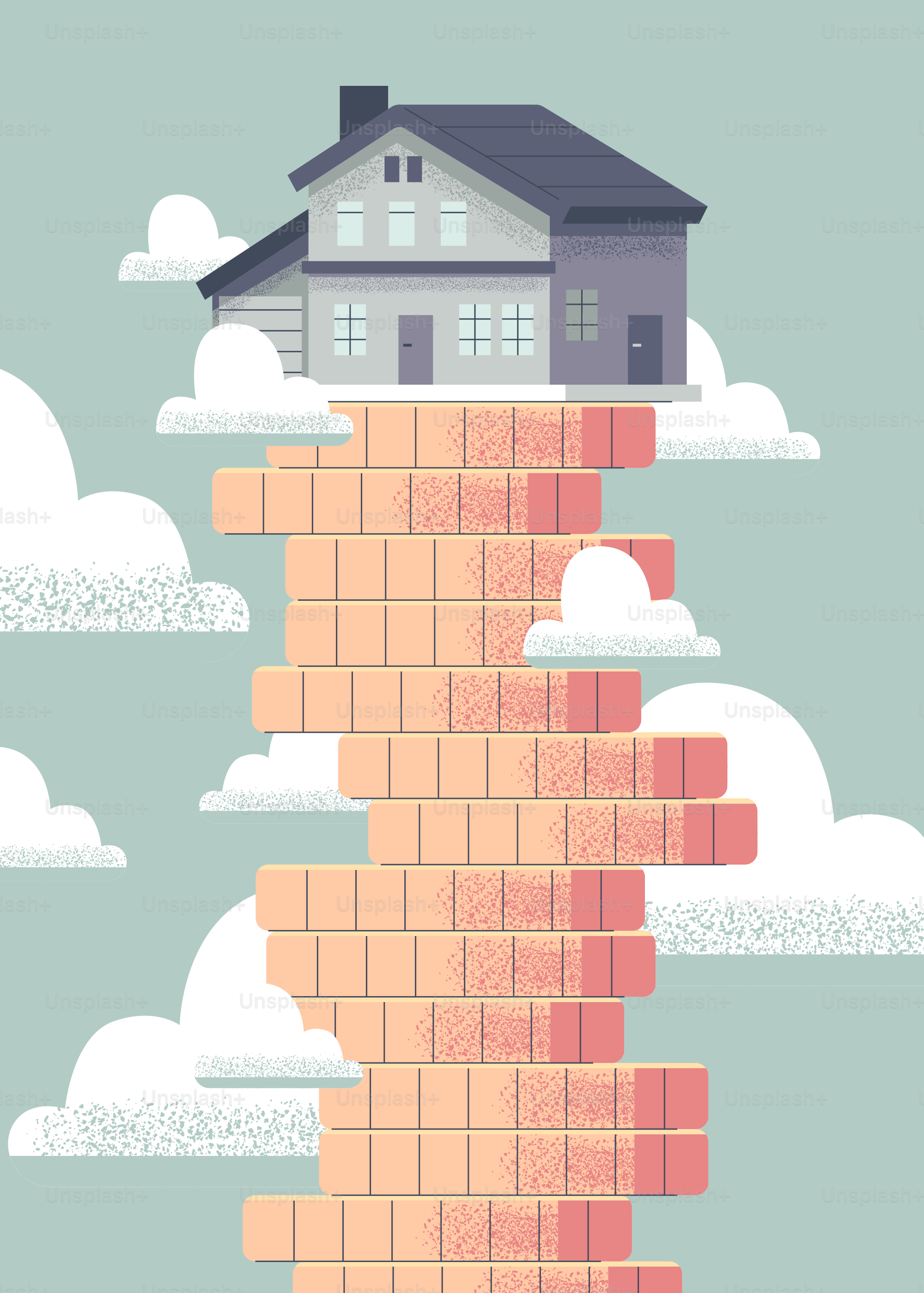 A house rests atop a brick tower in the clouds