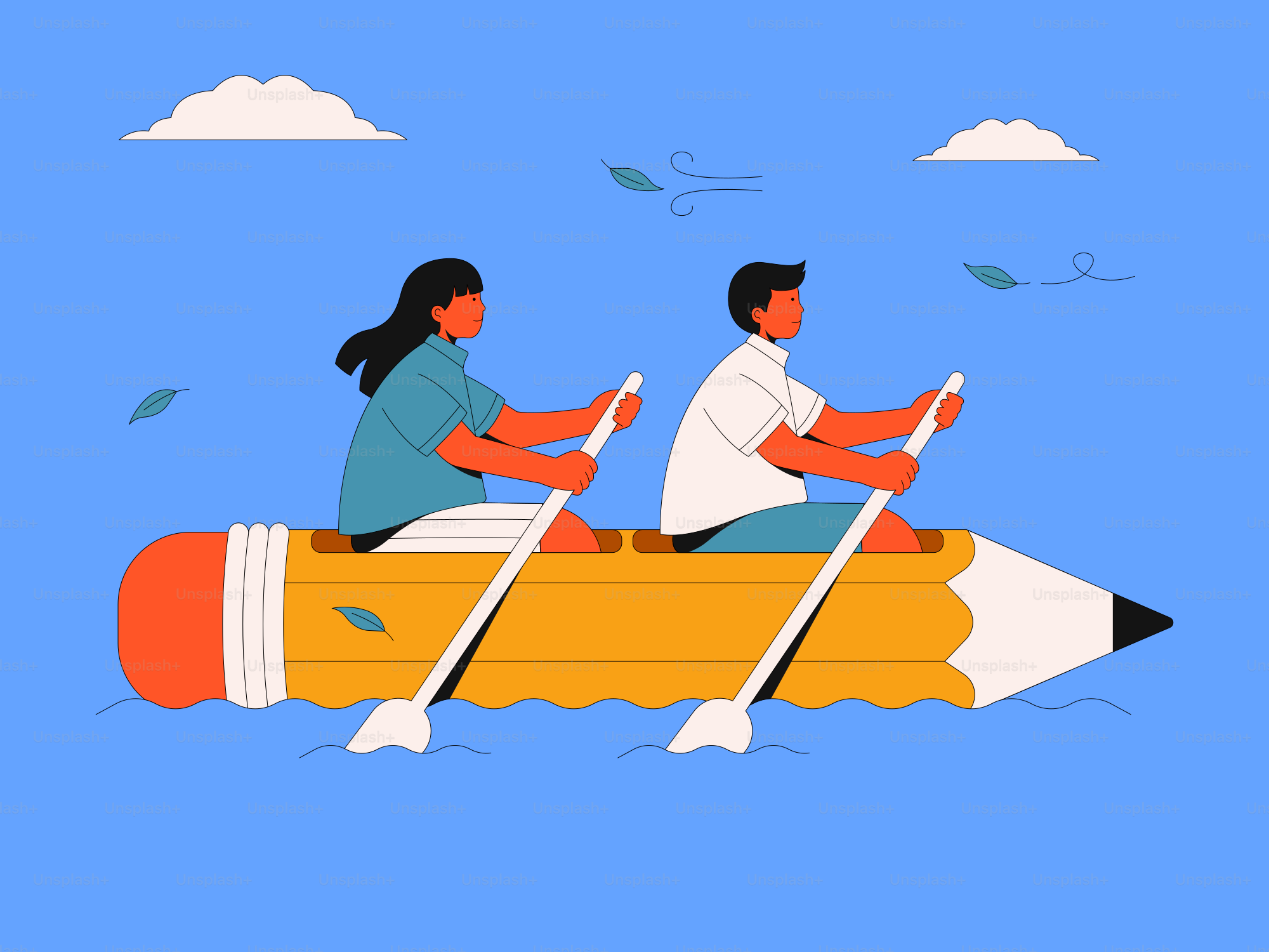 People are paddling a pencil boat.