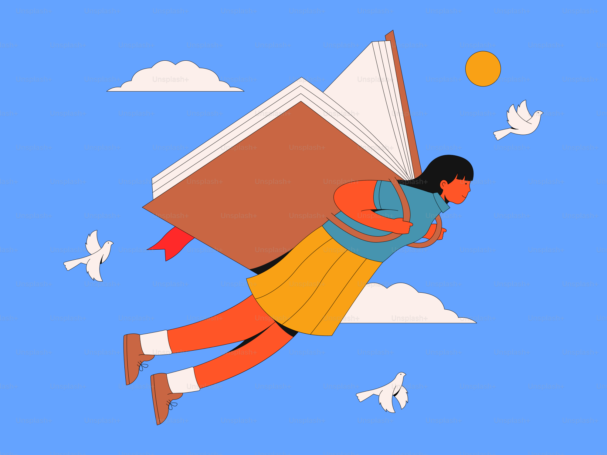 La ragazza vola con un libro, volando nel cielo.